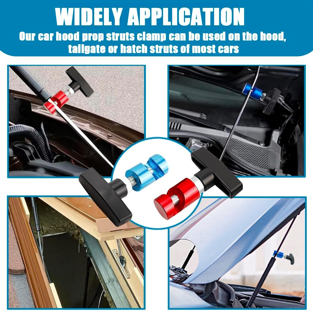 Yakamoz 2PCS Hood Prop Struts Clamp Set, Universal Car Lift Support Clamp Anti-Slip Vehicle Engine Hood Strut Clamp for Car Rod Retaining Holder Tool(Blue and Red) image number 1