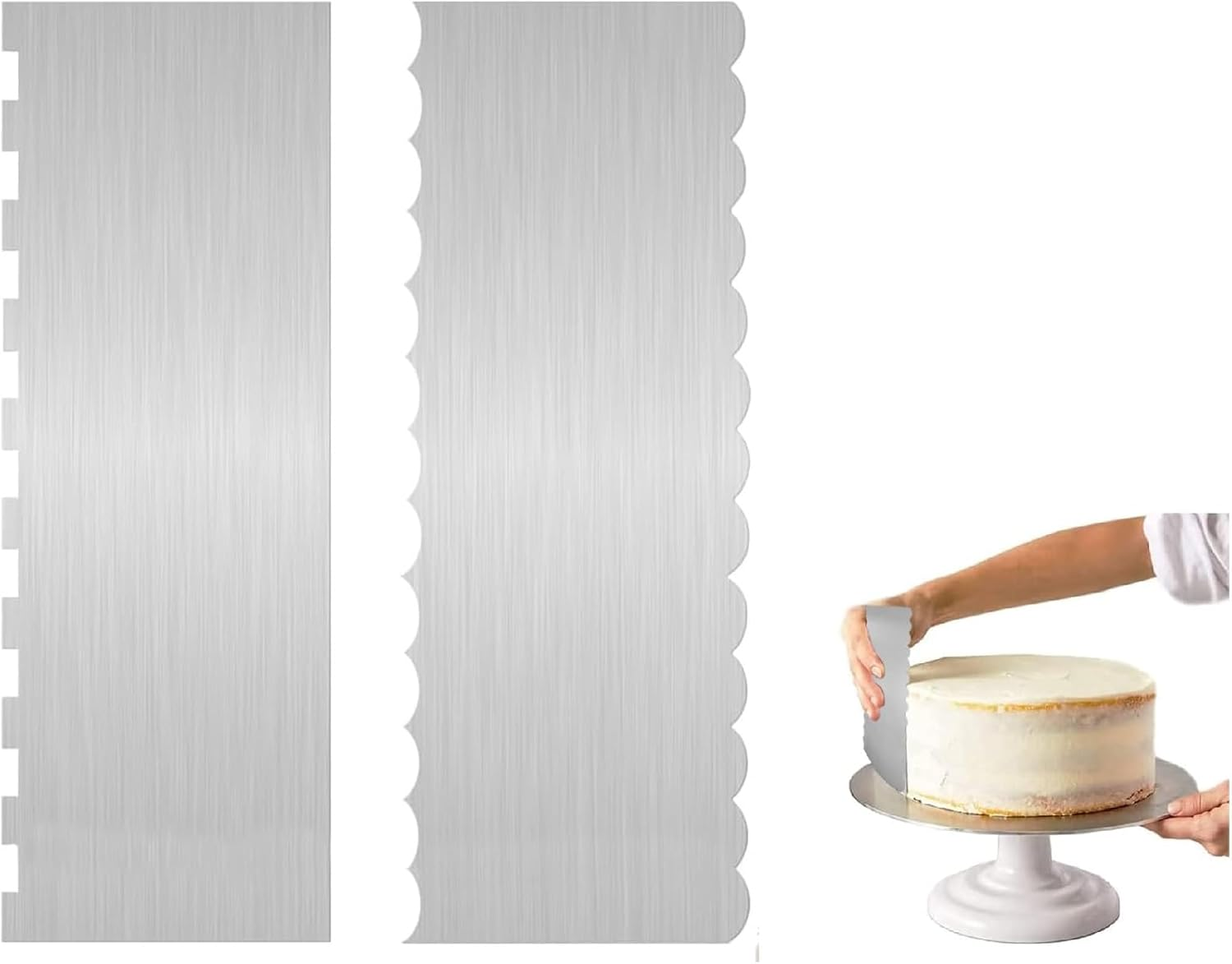 2 Pieces Stainless Steel Cake Scraper with Double-Sided Patterned Edge and Stripe Design ， Perfect Smoother and Decorating Comb for Mousse, Buttercream, and Cream Cake Decoration (Silver) image number 6