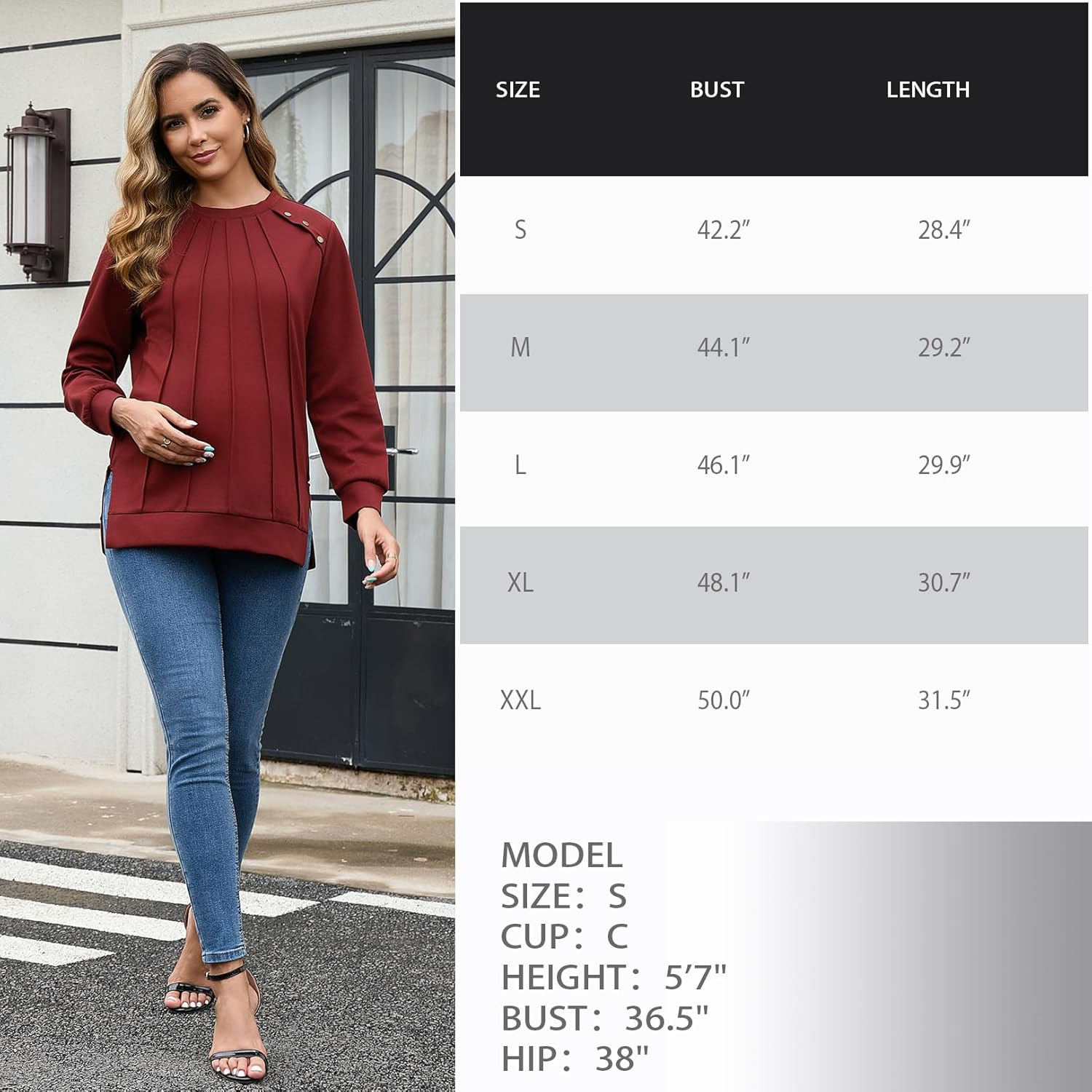 DEBELLY Maternity Sweatshirt Long Sleeve Button Side Split Fall Pregnancy Tops in Front Pleated for Women image number 4