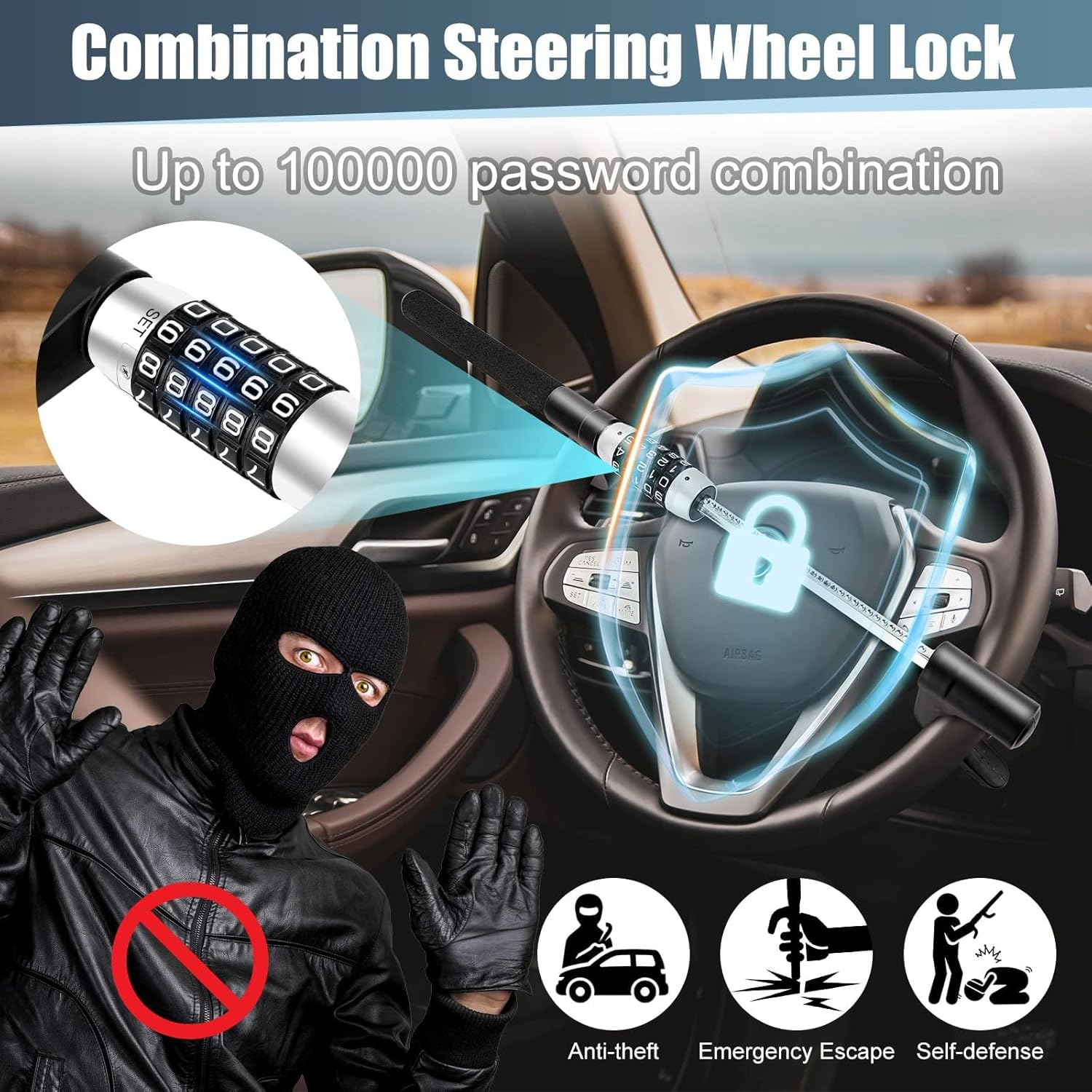 Steering Wheel Lock, Car Lock anti Theft Keyless Extendable Retractable Password 5 Coded Combination Lock, Universal Anti-Theft Device Car SUV Pick-Up Truck Van (Black) image number 6