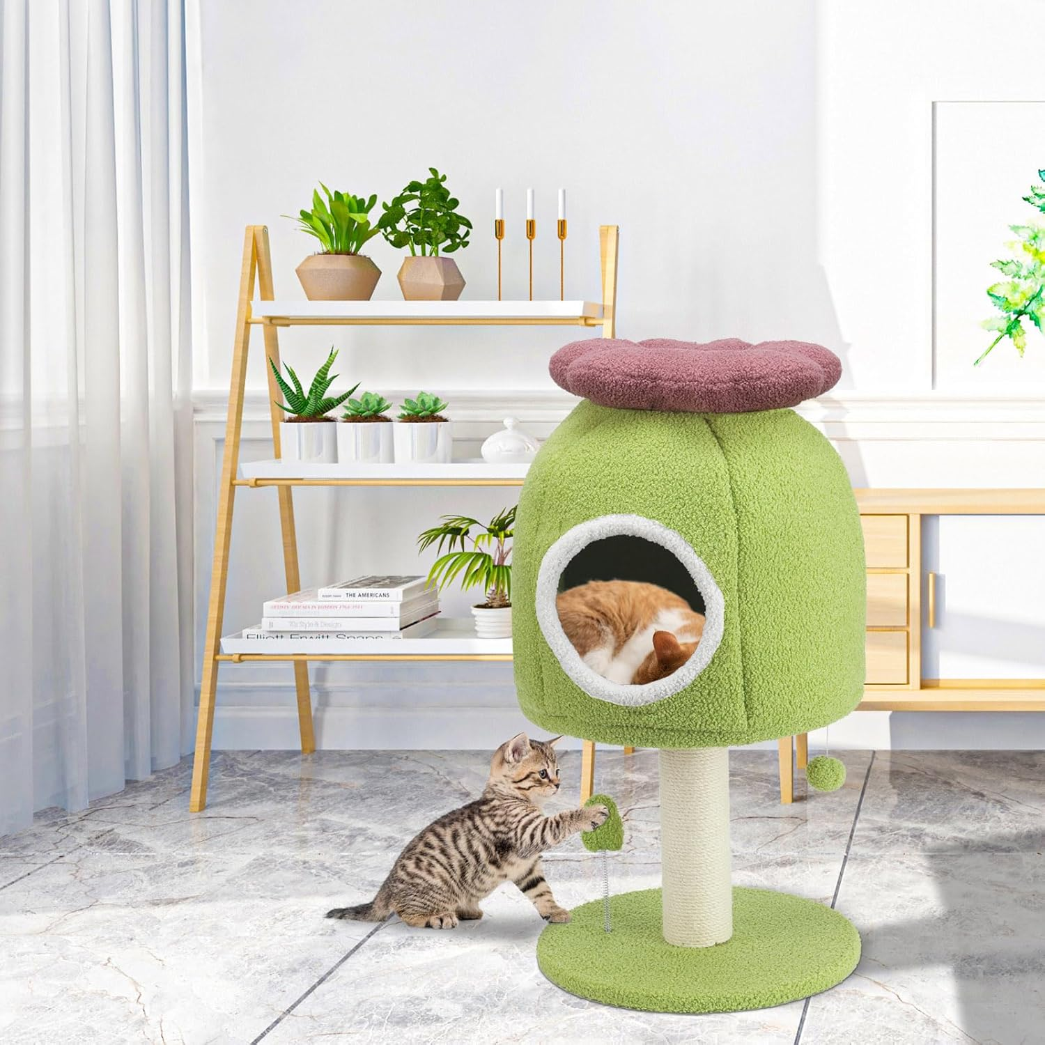 EMUST Flower Cat Tree with Bed, 28.74Inch Cat Tower with Scratching Post & Cozy Condo, Christmas Cute Sisal Cat Scratcher with Plush Hang Spring Ball Toys, Removable Cat Bed for Indoor Adults Cats