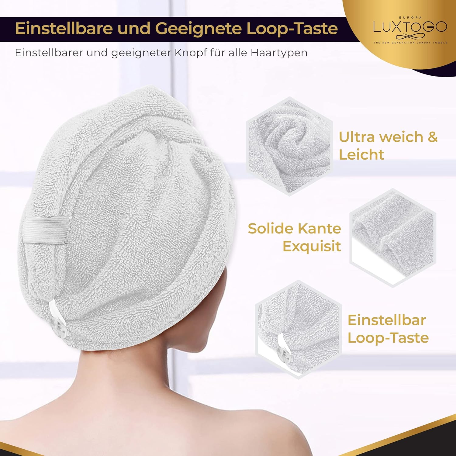 LUXTOGO&reg; Premium Hair Towel (430 G/M&sup2;) - 100% Cotton Turban with Button and Elastic, Super Absorbent (2 Pieces White + Red) - 1 X White. image number 2