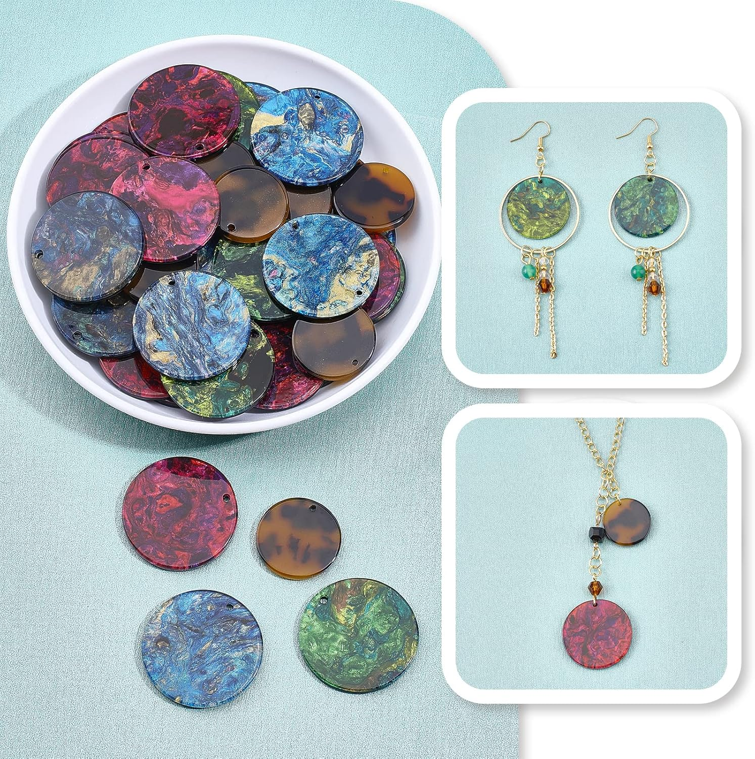 Pandahall 40Pcs 4 Color Resin Flat round Charms, Cellulose Acetate Pendants Geometric Crafts Charms with Hole for Necklace Earring Jewelry Making, 27.5Mm/1.08Inch image number 2