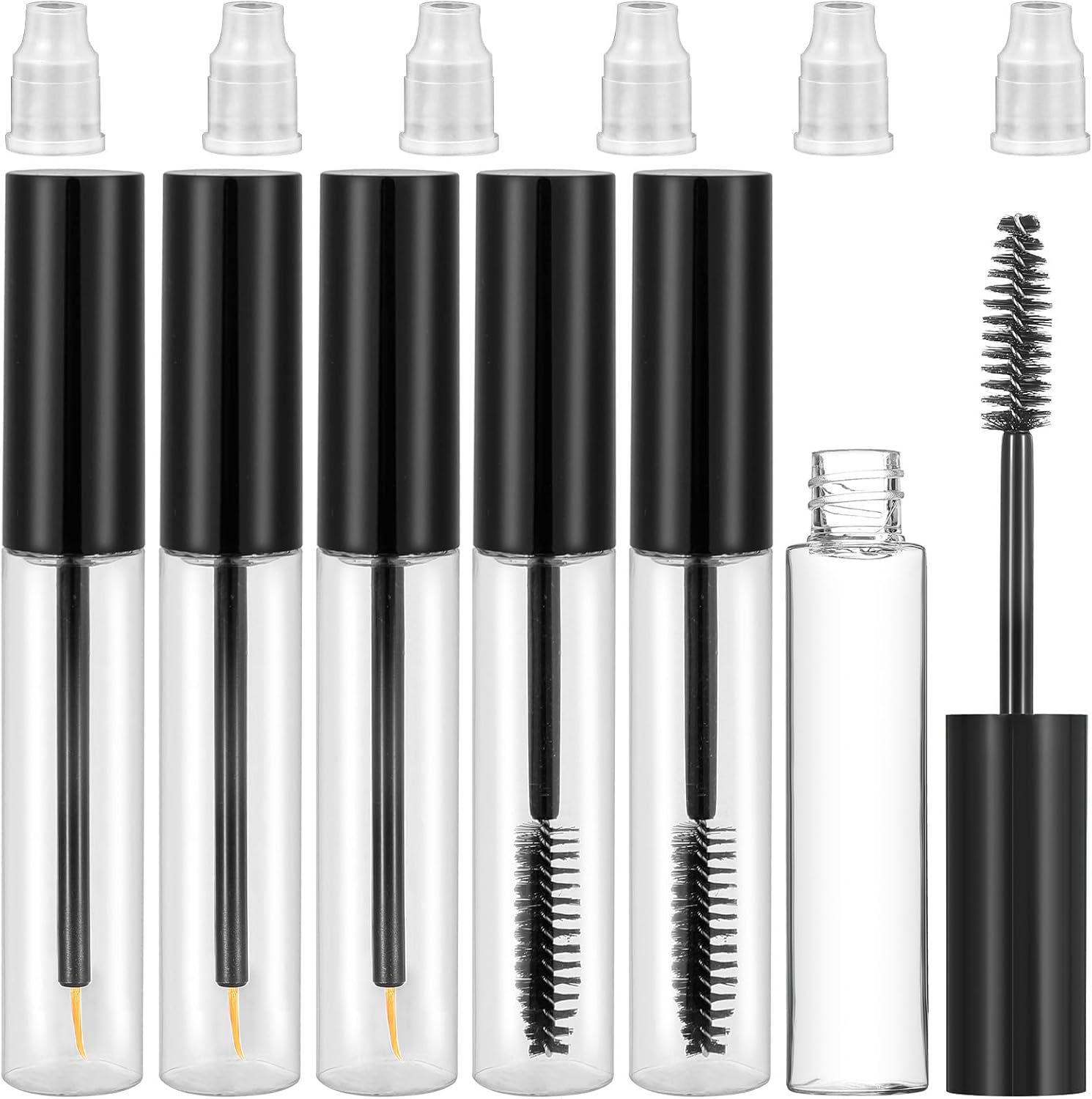 Pack of 6 Empty Mascara Tubes, 10 Ml Refillable Eyeliner Container with Eyelash Stick and Rubber Funnels, Empty Eyelashes, Tube Eyelashes, Cream Bottle for DIY Eyelash Cream (Black)