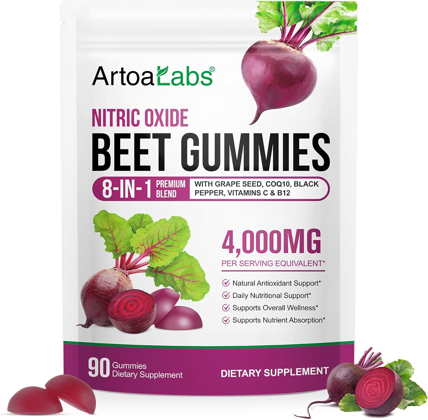 Nitric Oxide Beet Gummies | 8-In-1 Premium Blend with Grape Seed, Coq10, Black Pepper, Vitamins C & B12 | 4000Mg Equivalent per Serving | Natural Beetroot Supplement | 90 Gummies image number 3
