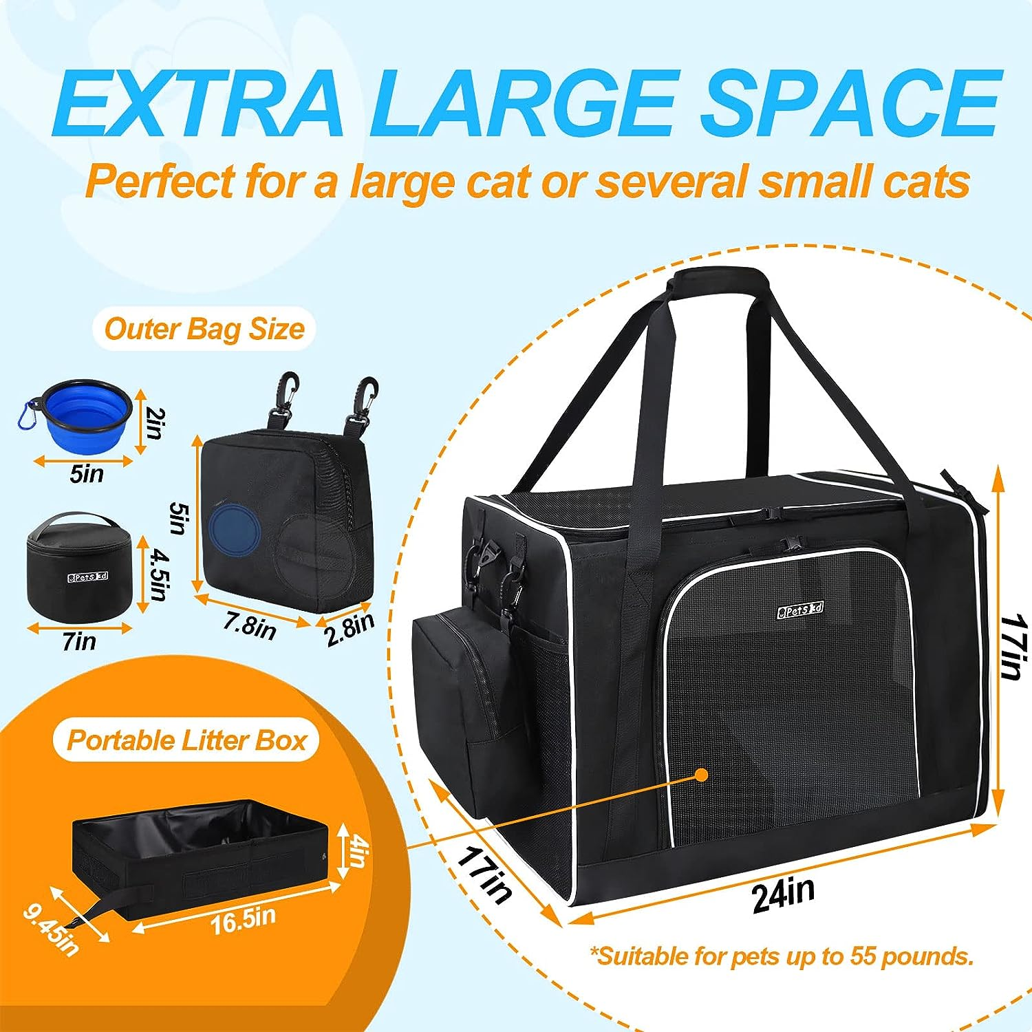 Petskd 24"X17"X17" Pet Carrier for Large Cats or Medium Dogs - Car Travel Carrier with Litter Box, Bowl, and Locking Zipper image number 2