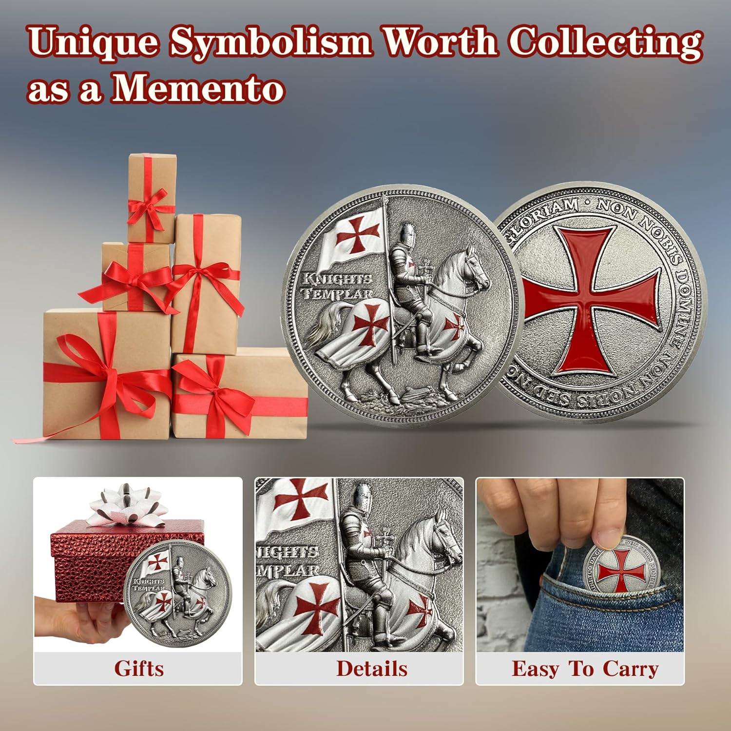 Knights Templar Challenge Coin Christian Christ Red Cross Religious Reminder Gifts for Men Women image number 5
