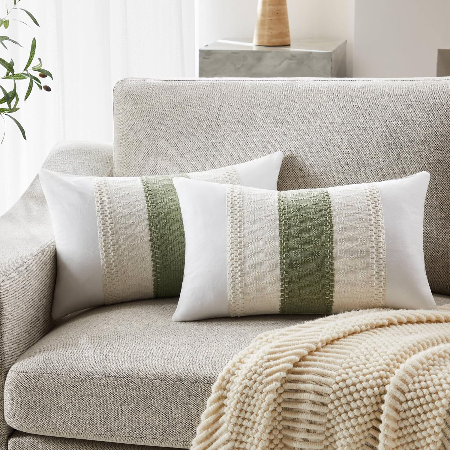 YZJZEDS Soft Cotton Boho Throw Pillow Covers Set of 2, Natural White/Contrast Blue 20X20 Inch, Blue Farmhouse Decorative Cushion Covers for Sofa Bed Living Room Home Decor