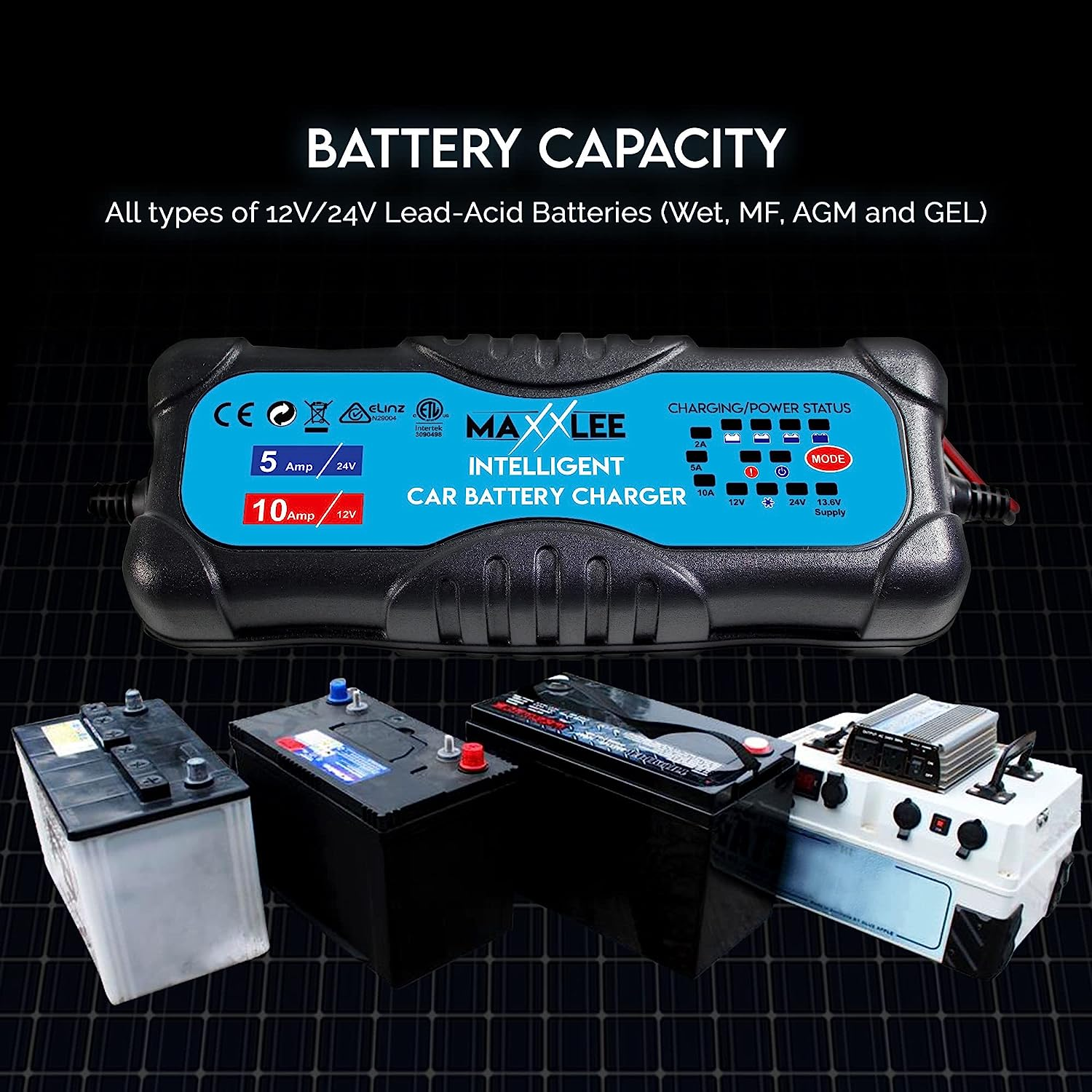 Christmas Birthday Gift Idea, Car 12V 24V Battery Charger, Trickle Charge, 2A 5A 10A Maxxlee, 2 Pcs, Smart Fully Automatic for Automotive Wet MF AGM GEL Lead Acid Batteries 9 Stage Fast, 1 Yr Warranty image number 6