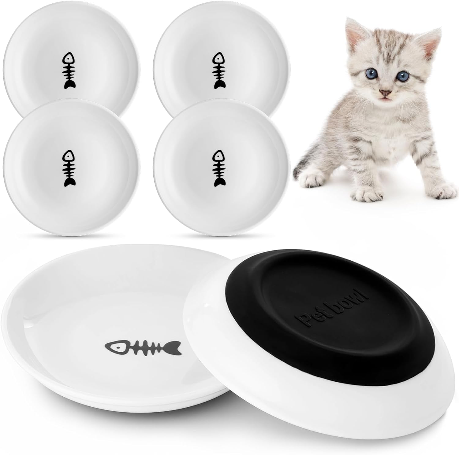Dorakitten 10 Pcs Ceramic Cat Bowls, No Whisker Fatigue Wide Shallow Cat Dishes with Non-Slip Silicone Bottom, Pet Cat Food Water Plates Bowls, 15Cm Diameter