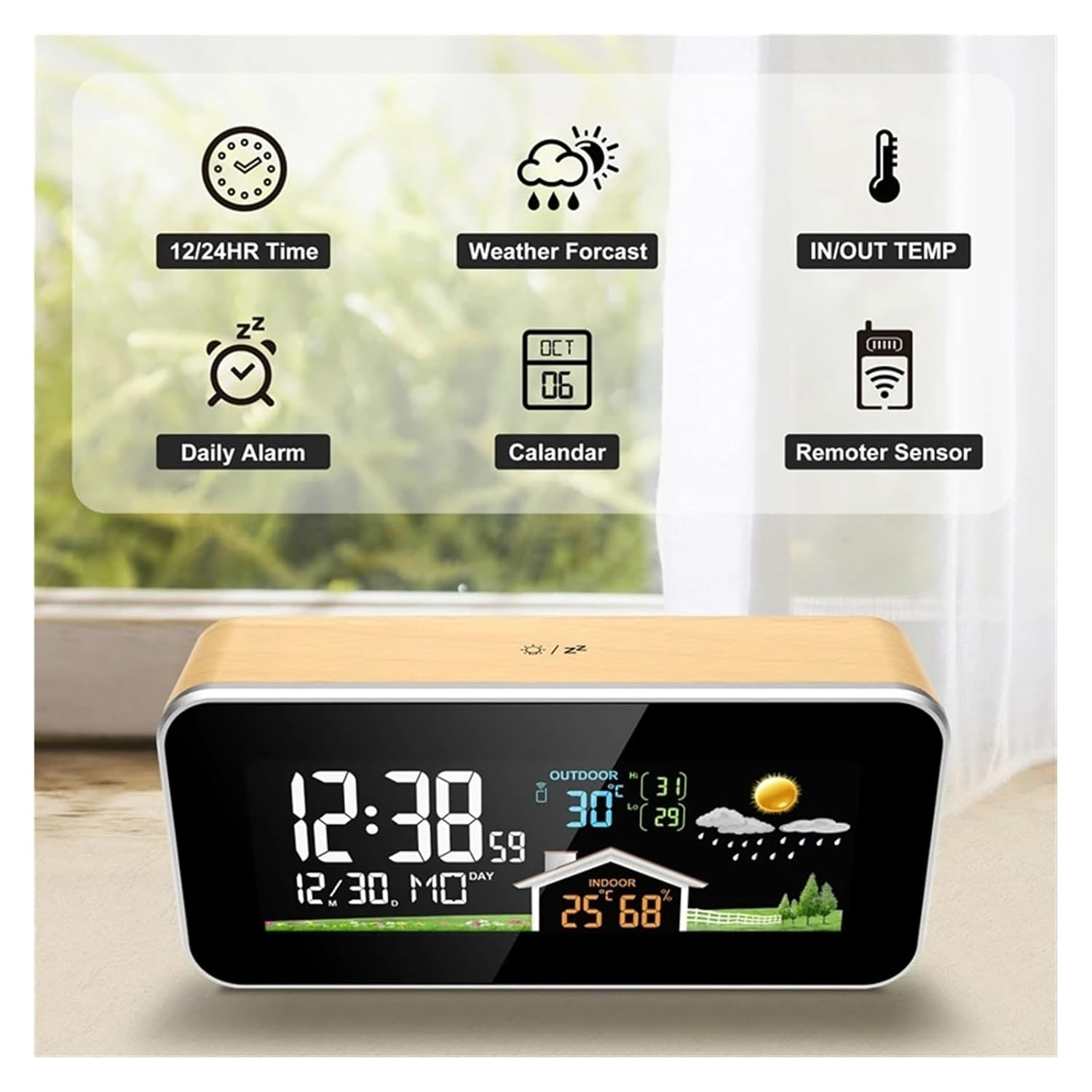 VA Color Screen Weather Station Digital Indoor Desk Thermometer Hygrometer Alarm Clock Wireless Sensor Brightness Adjust image number 2
