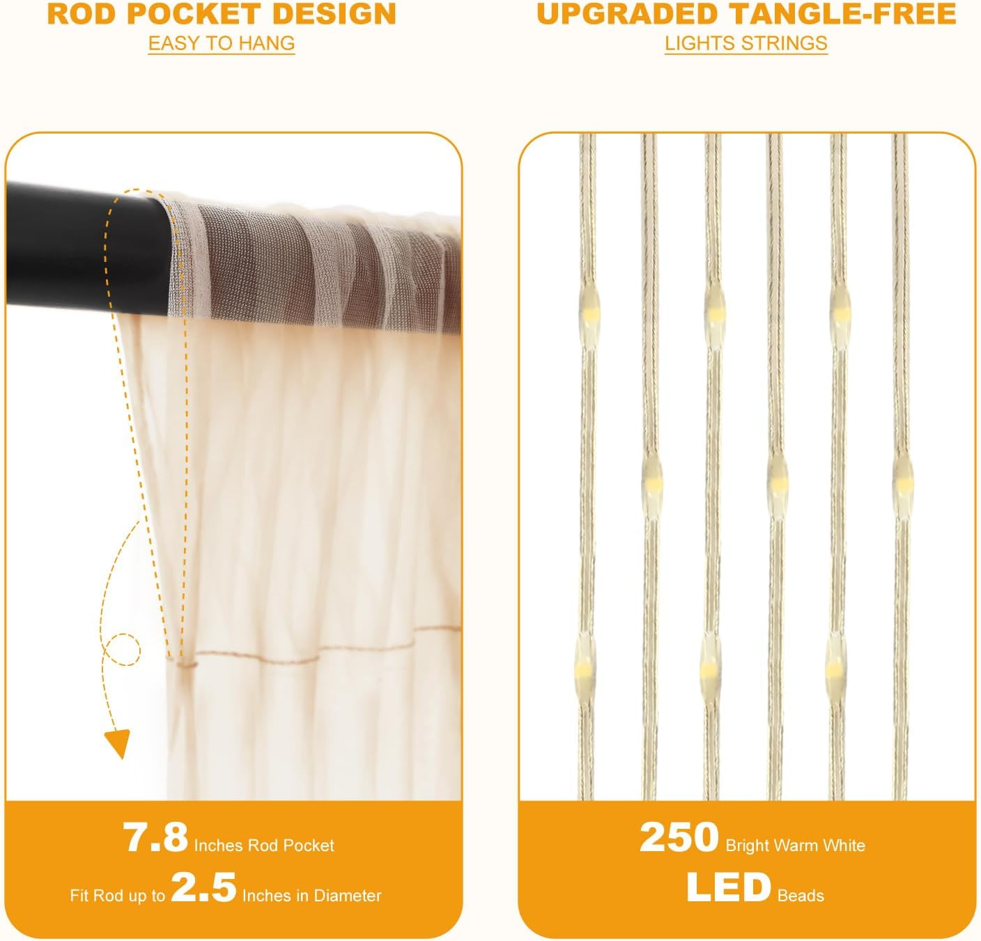 HOLITS Tulle Backdrop with Fairy Lights for Parities Wrinkle-Free Sheer Curtain Drapes Photo Back Drop for Wedding Baby Shower Bridal Shower Birthday Home D&eacute;cor-10Ft&times;8Ft, Champagne image number 3