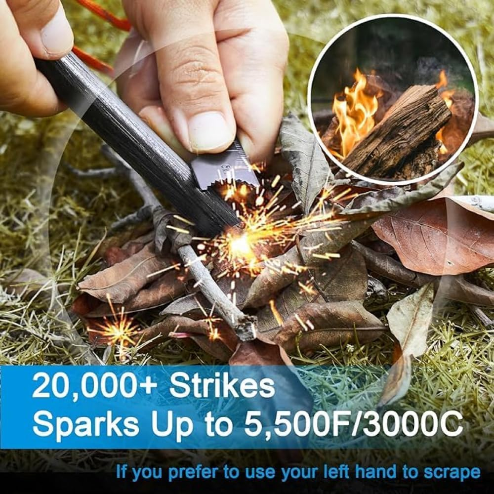 Outdoor Rod Flint Fire Starter with Handcrafted Wood Handle, | 20,000+ Strikes | Survival Flint and Steel Rods with Whistle,Carabiner,Paracord Reflective Neck-Wrist Lanyard for Your Camping Gear image number 3