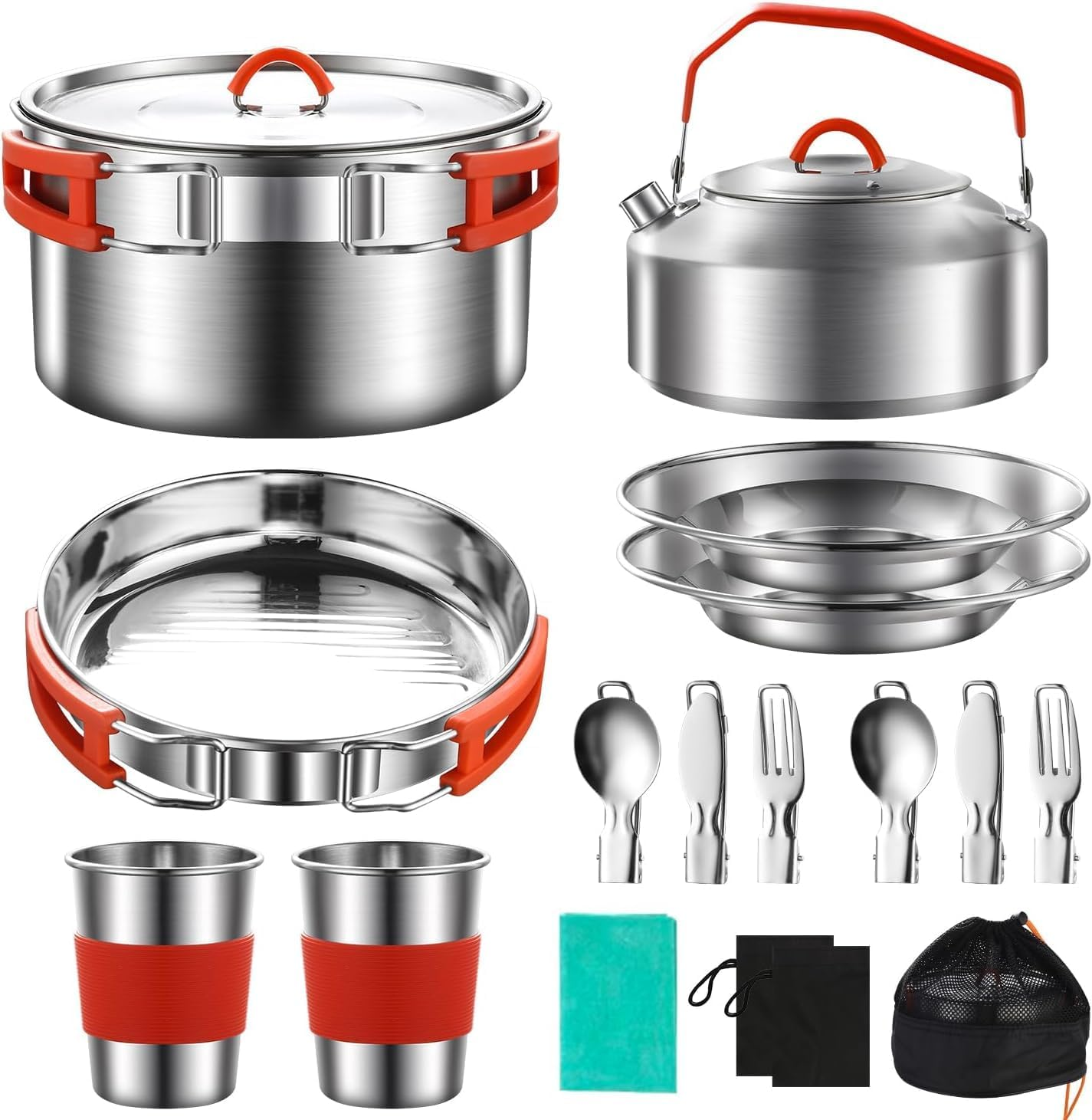 Camping Cookware Kit, 304 Stainless Steel Camping Cooking Set, Camping Pot and Pan Set with Kettle Cups Plates Forks Knife Spoon for Camping Outdoor Hiking Picnic Rvs for 2-3 People image number 2