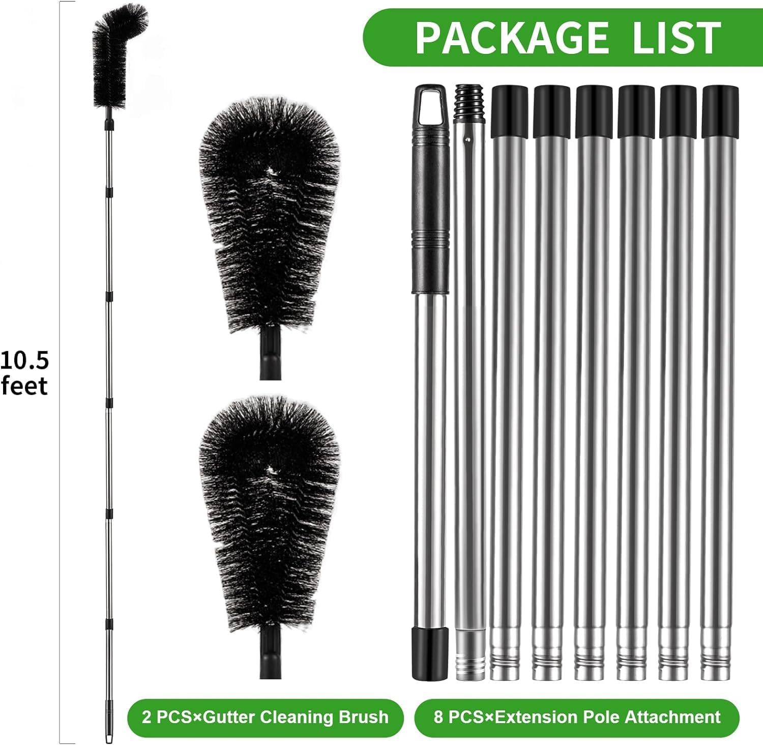 Gutter Cleaning Tools from the Ground, 10.5 FT Adjustable Gutter Cleaning Tool, Gutter Cleaner Ability to Easily Clear Roof Leaves and Debris, 2 Black Brush image number 2