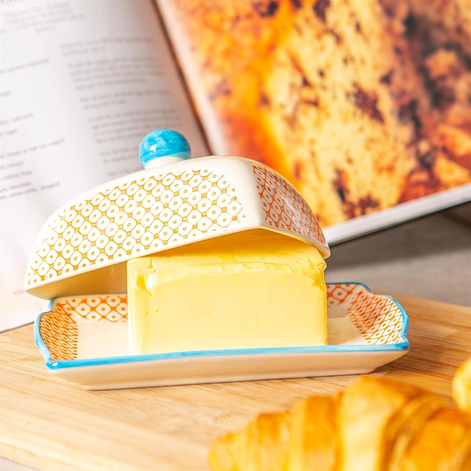 Nicola Spring Hand Printed Butter Dish with Lid - 18.5X12Cm - Orange Vintage Floral Porcelain Kitchen Butter Dish Fridge Cheese Storage Container for Cheese, Margarine image number 5