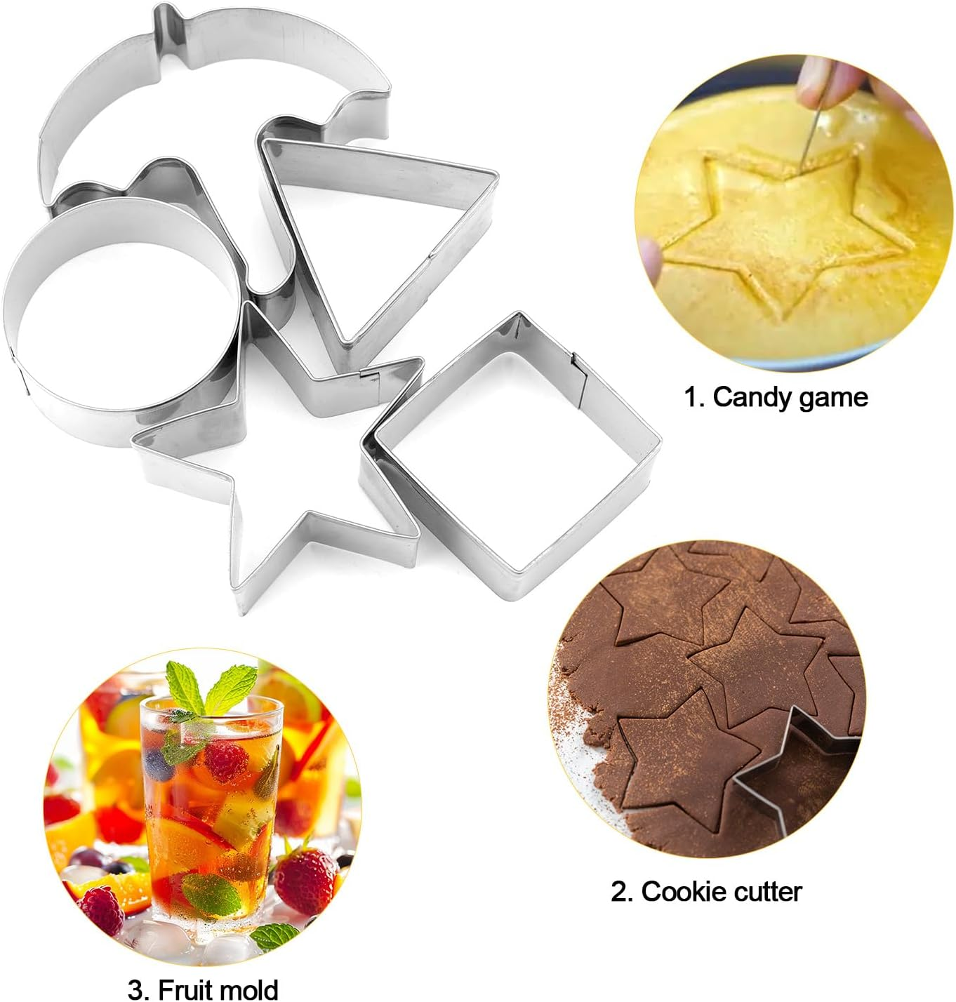 5Pcs Stainless Steel Cookie Cutters, Korean Game Biscuits Sugar Candy Making Tools Triangle Square Circle Star Umbrella Shapes Cake Mold Kit for Baking Kitchen Gadgets image number 3