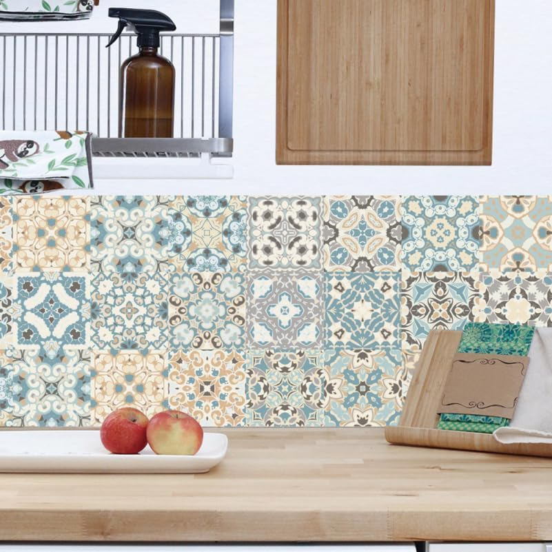 Bestonzon 24PCS Tile Stickers Stick Retro Style, 7.86Inch Wall Tiles Peel and Stick Adhesive Decals, Removable Decorative Tile Stickers Traditional DIY Murals Tile Stickers for Kitchen Bathroom image number 7