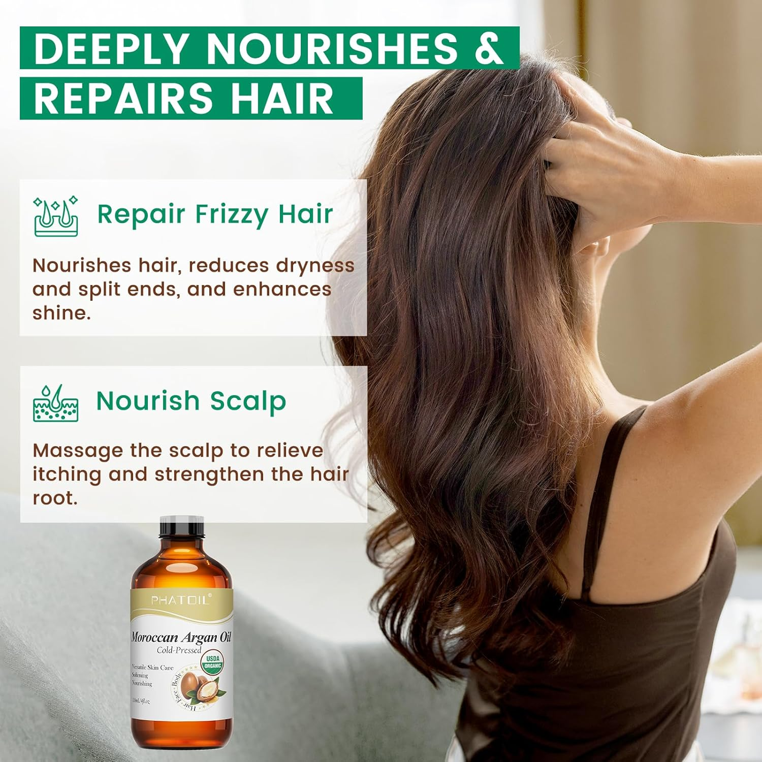 PHATOIL Organic Moroccan Argan Oil for Hair 118 Ml (4 Fl.Oz), USDA Certified Organic, Cold Pressed Argan Oil in Glass Bottle for Face, Skin & Nail Care, Ideal for All Hair Types image number 5