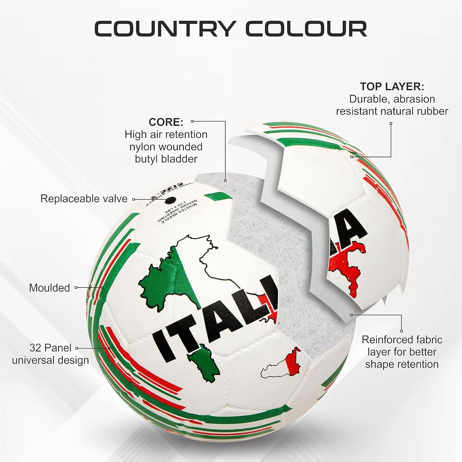 Nivia Country Colour Italy Football (Multicolour, Size 5) | Machine Stitched | Rubberized Moulded | 12 Panel | Waterproof | Soccer Ball image number 1