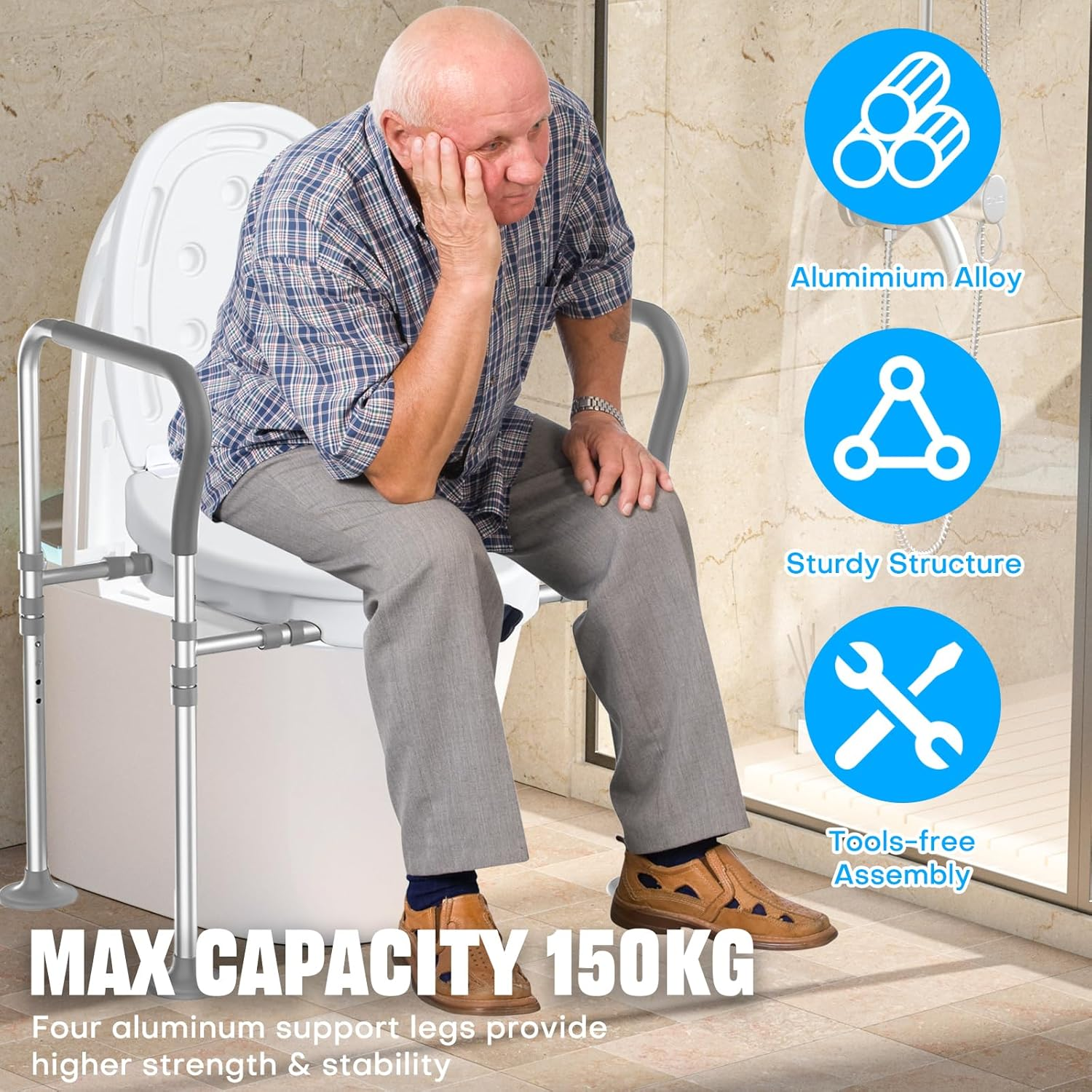Toilet Seat Risers for Seniors with Handle, 150Kg Elevated Toilet Seat with Storage Bag, Adjustable Height, Bathroom Shower Chair for Elderly, Handicap, Pregnant, Injured (With Lid) image number 2