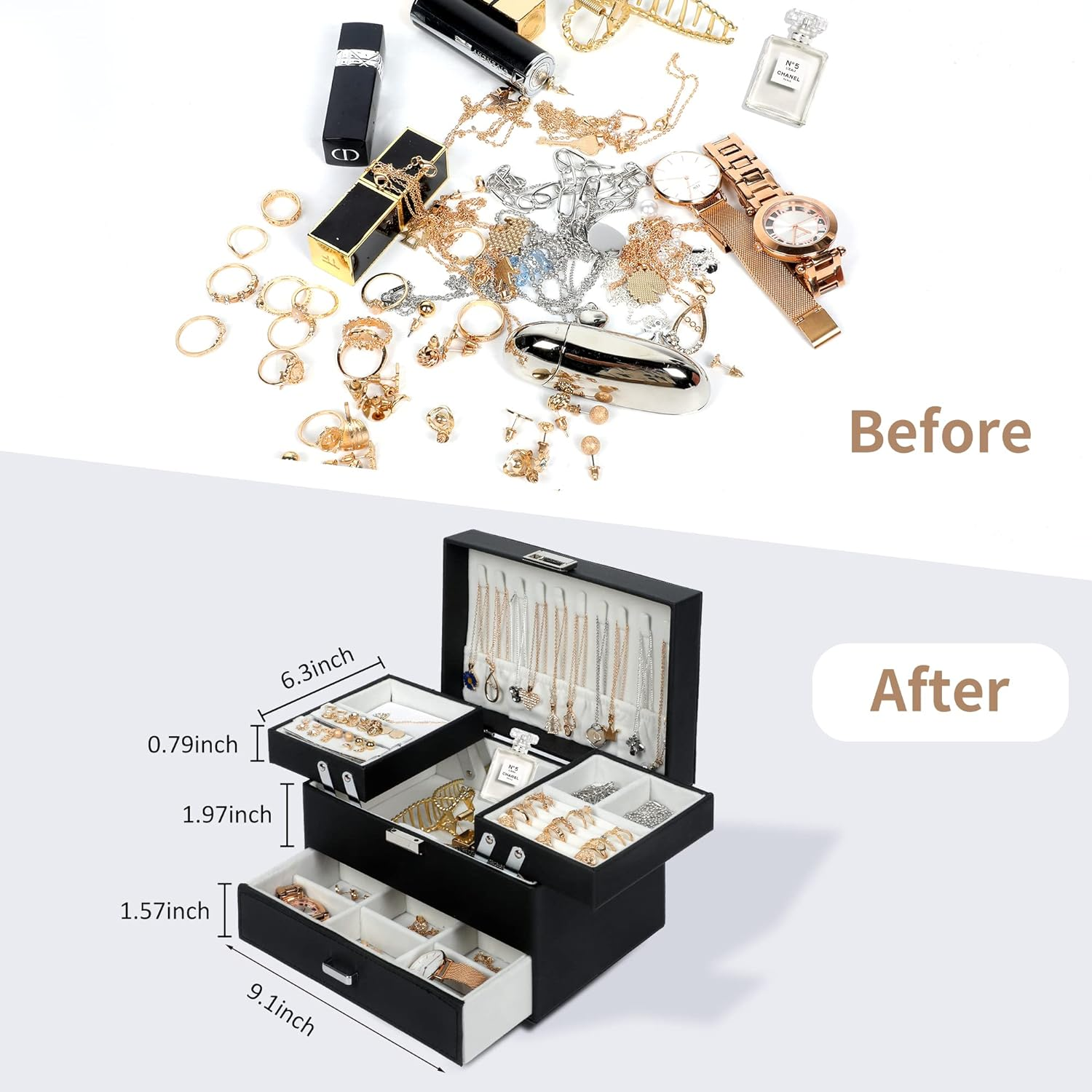 Dajasan Jewelry Boxes for Women Girls, Jewelry Organizer Box, 3 Layers Jewelry Storage Organizer for Earring, Ring, Necklace, Bracelets (Black) image number 6