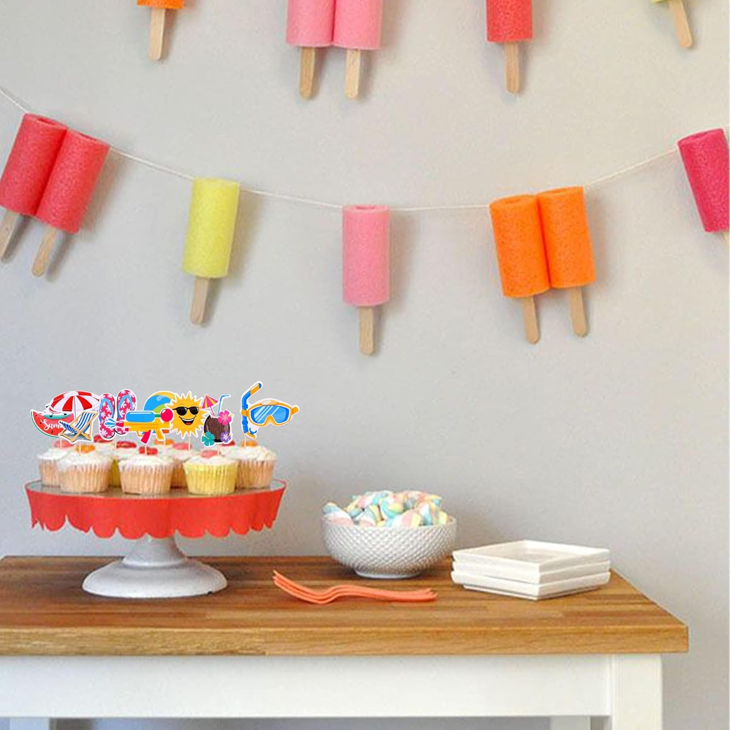 SYKYCTCY 32 Pack Summer Beach Pool Cupcake Toppers Ball Sun Umbrella Diving Goggles Watermelon Water Gun Slippers Cupcake Picks Baby Shower Hawaii Beach Pool Theme Birthday Party Cake Supplies image number 4