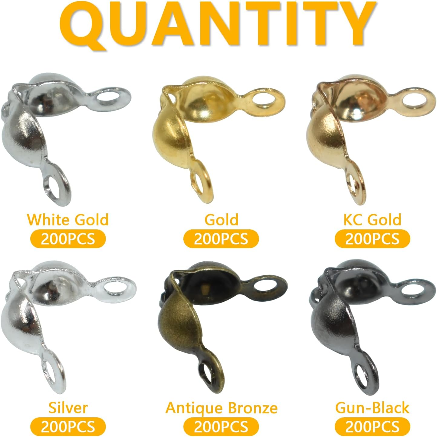 1200Pcs Clamshell Crimp Beads Tips Knot Covers Set Fold-Over Beads Caps for Jewelry, Necklace, Bracelet, Earrings, DIY Crafts Making, Connect Hook and Strings, 6 Colors