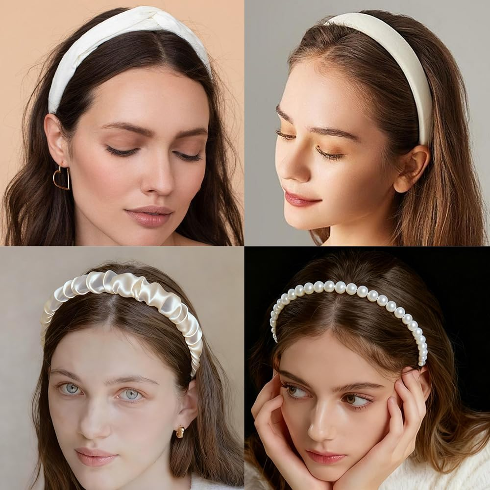 7 Piece Headband Set for Women, Pearl Headbands, Non-Slip Hair Bands, Padded Hair Accessories for Women and Girls, Versatile Headbands for Everyday Use, Pearl Headband Set (White, One Size) image number 3