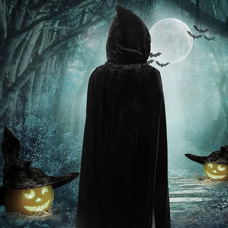 Unisex Hooded Cloak Full Long Stain Velvet Cape with Hood Halloween Cosplay Costumes Party Vampire Renaissance(150 CM) image number 2