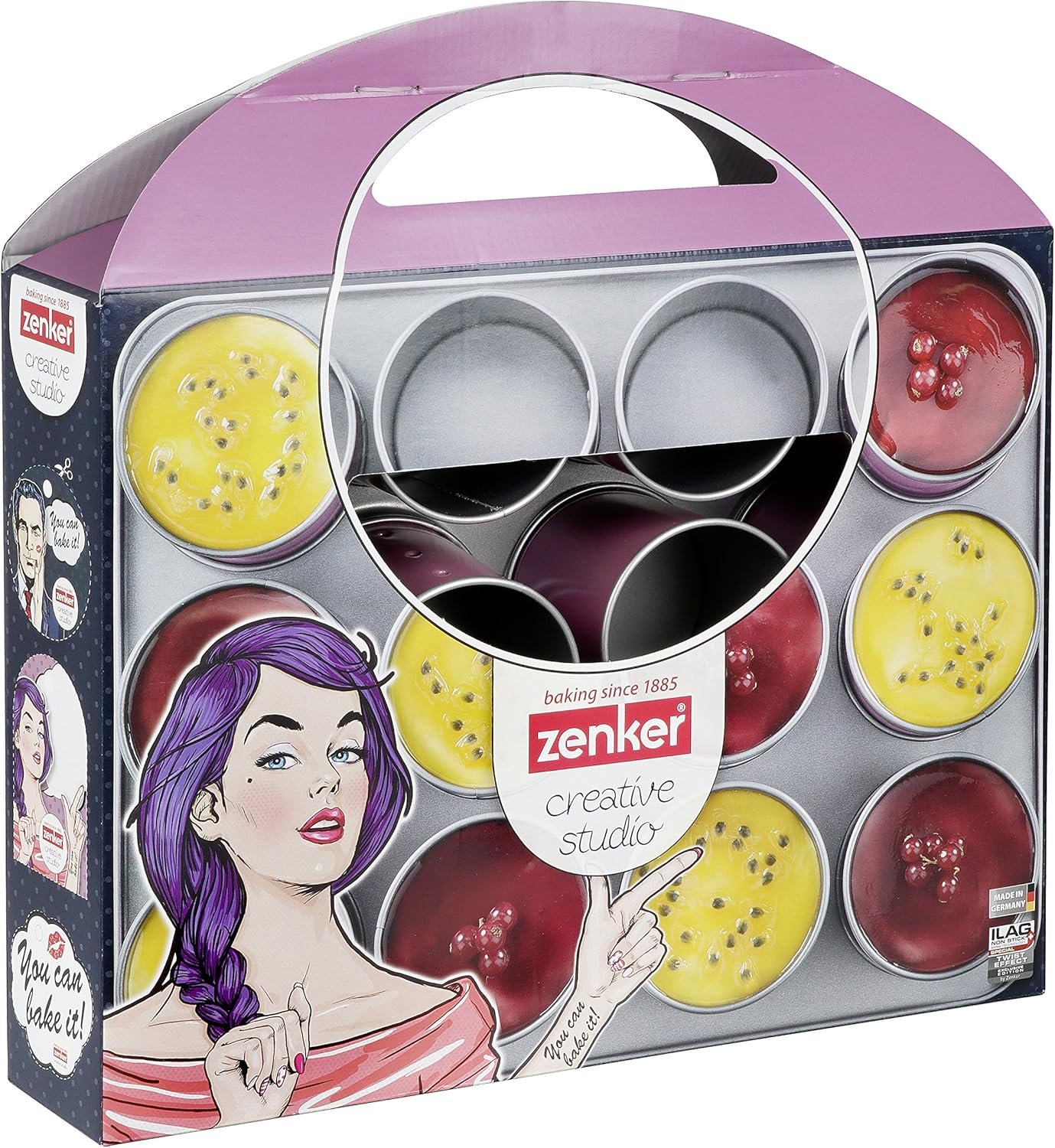 Zenker Creative Studio 12 Mini Cake Baking Tray, Cupcake Baking Mould, Mini Cake Mould with Non-Stick Coating, Cake Mould for Small Cakes, Creative Baking (Colour: Pink, Silver), Quantity: 1 Piece image number 1