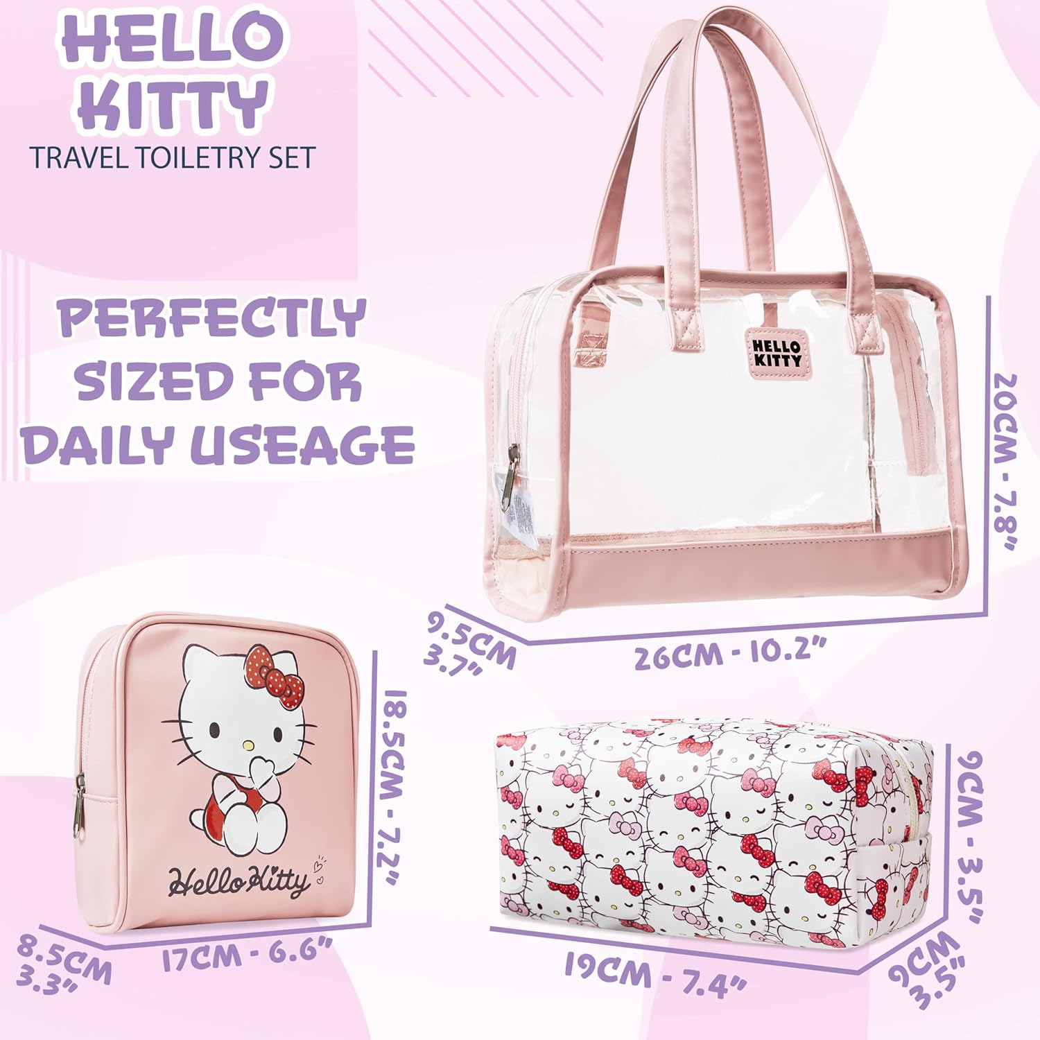 Hello Kitty Women'S Cosmetic Bag Set of 3 &ndash; Travel Toiletry Bag, Make up Bag, Pink, Einheitsgr&ouml;&szlig;e, Cosmetic Bags image number 4