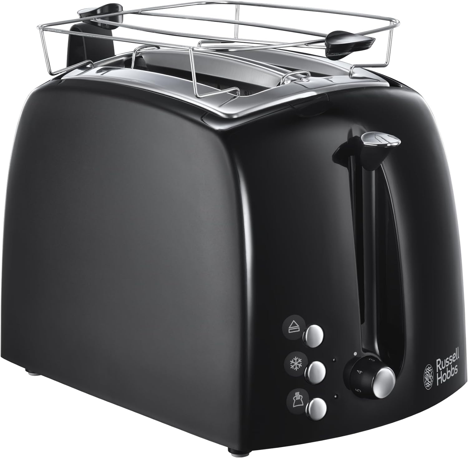 Russell Hobbs Toaster [For 2 Slices] Textures+ (Extra Wide Toast Slots, Includes Bun Attachment & Integrated Toast Tongs, 6 Browning Levels + Defrost & Warm-Up Function, 850 W) 22601-56