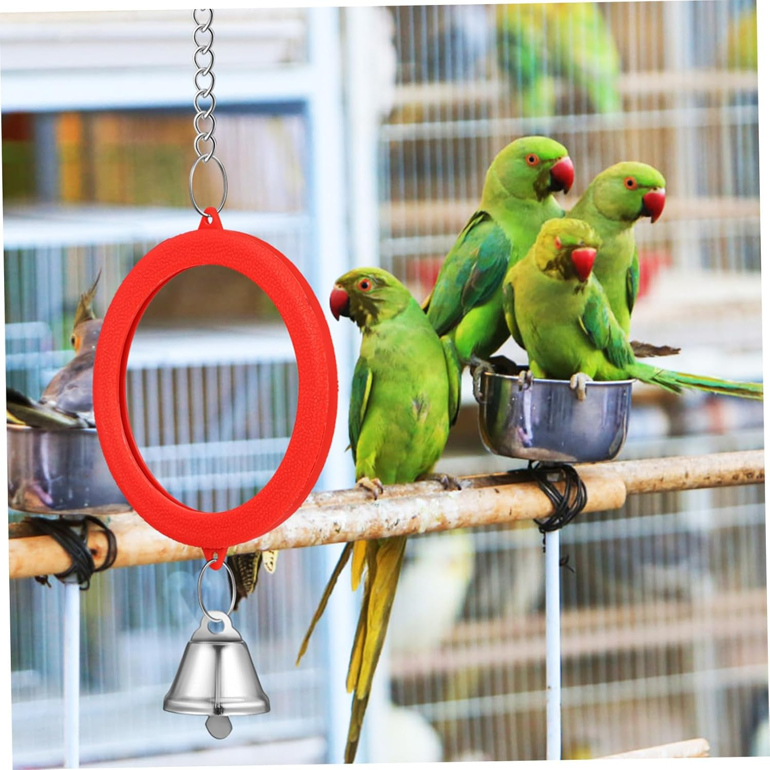 JOINPAYA 3 Pcs round Double-Side Bird Mirror Toys with Bells, Colorful Red Green Blue Pendants for Parrot, Cockatiel, Parakeet Cage Accessories