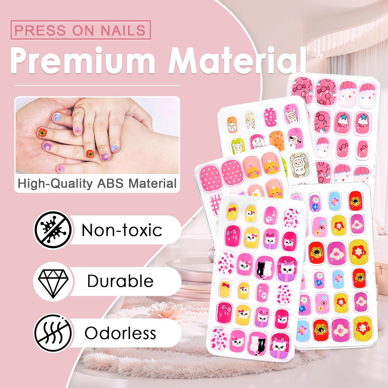 120Pcs Press on Nails for Girls, Full Cover Fake Nail Tips Kit Pre Glue Short Stick on Nails for Children Little Girls Nail Art Decoration (A Pattern) - C Kit image number 4