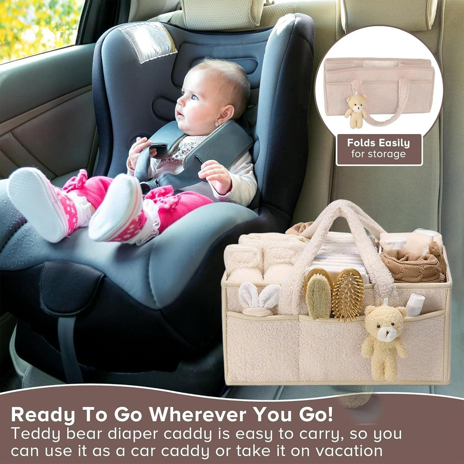 Diaper Caddy Organizer, Storage Basket for Diapers and Wipes,Portable Diaper Storage (Cream Color) image number 5