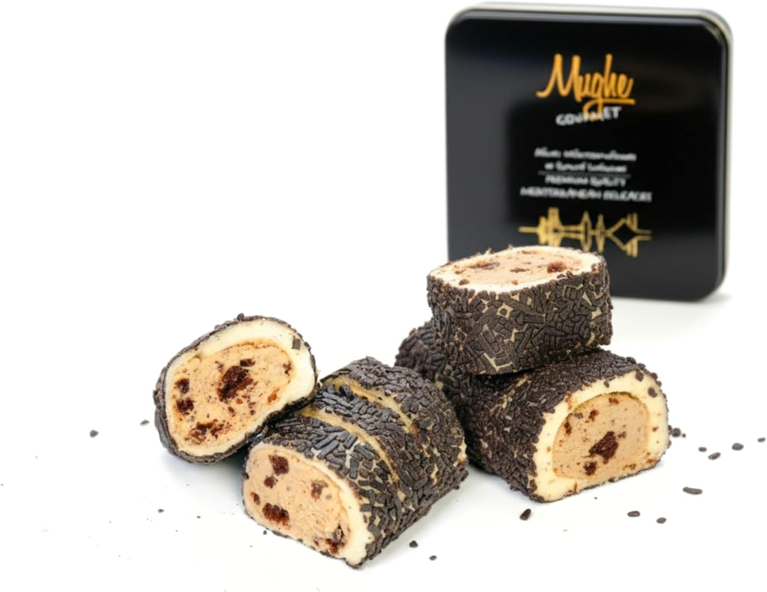 Mughe Gourmet Cocoa Cream Turkish Delight 350G Gift Metal Box with Chocolate Cookie Crumble Filling - Premium Rolled Lokum image number 3