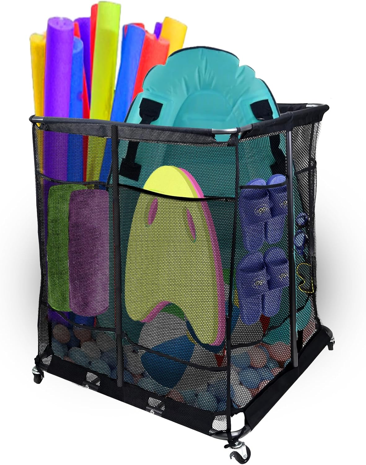 Pool Float Storage Organizer with 2 in 1 Mesh Storage Cover, XXL Nylon Mesh Pool Storage Bin Pool Float Toy Holder with Metal Frame and 360&deg; Wheel for Pool Noodles Toys Floats Balls Equipment (L) image number 1