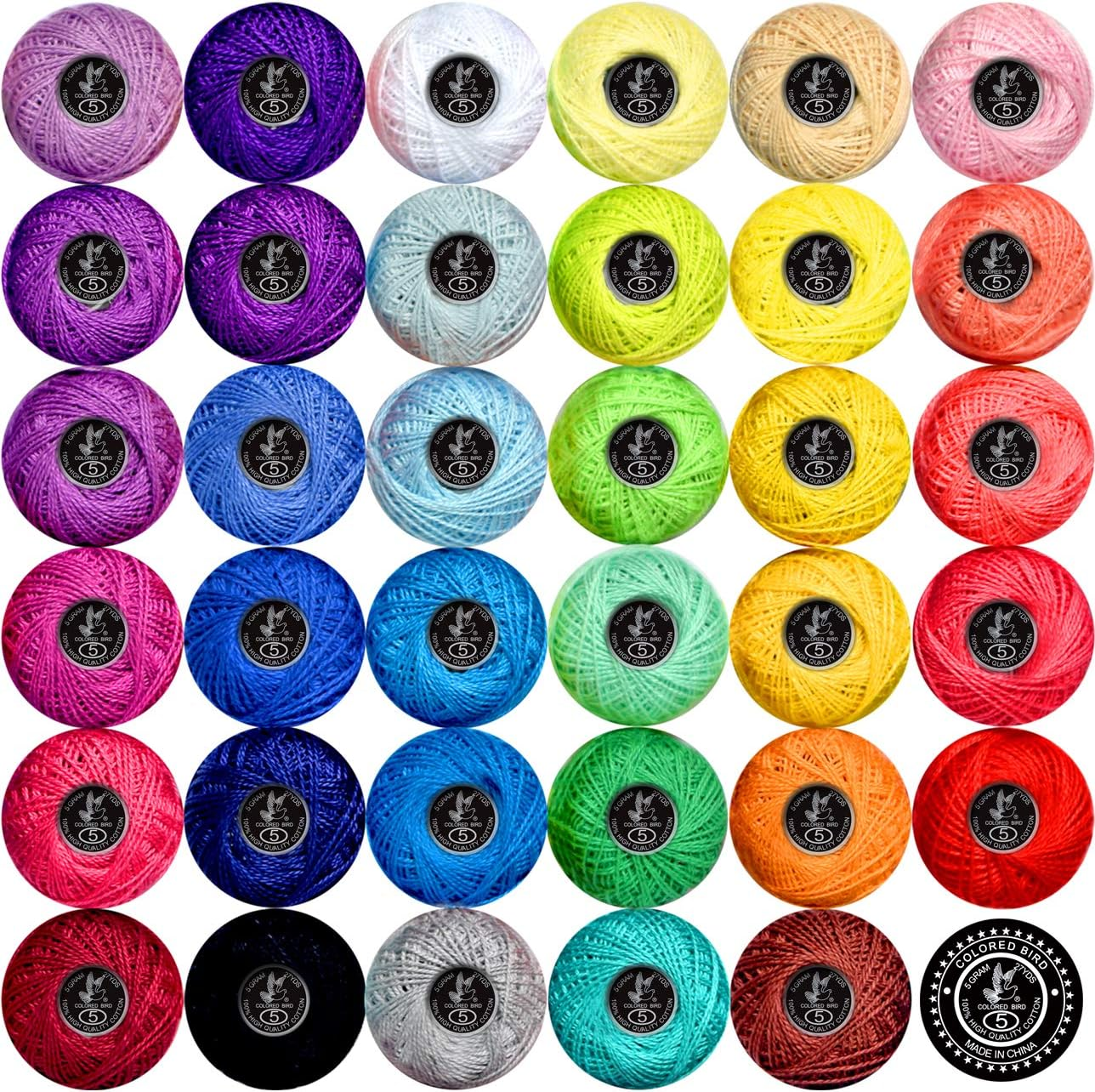 Crochet Thread Cotton Yarn Threads Balls 35 Balls Popular Rainbow Colors of Size 5 Crochet Thread 100% Long Staple Cotton Mercerized Cotton