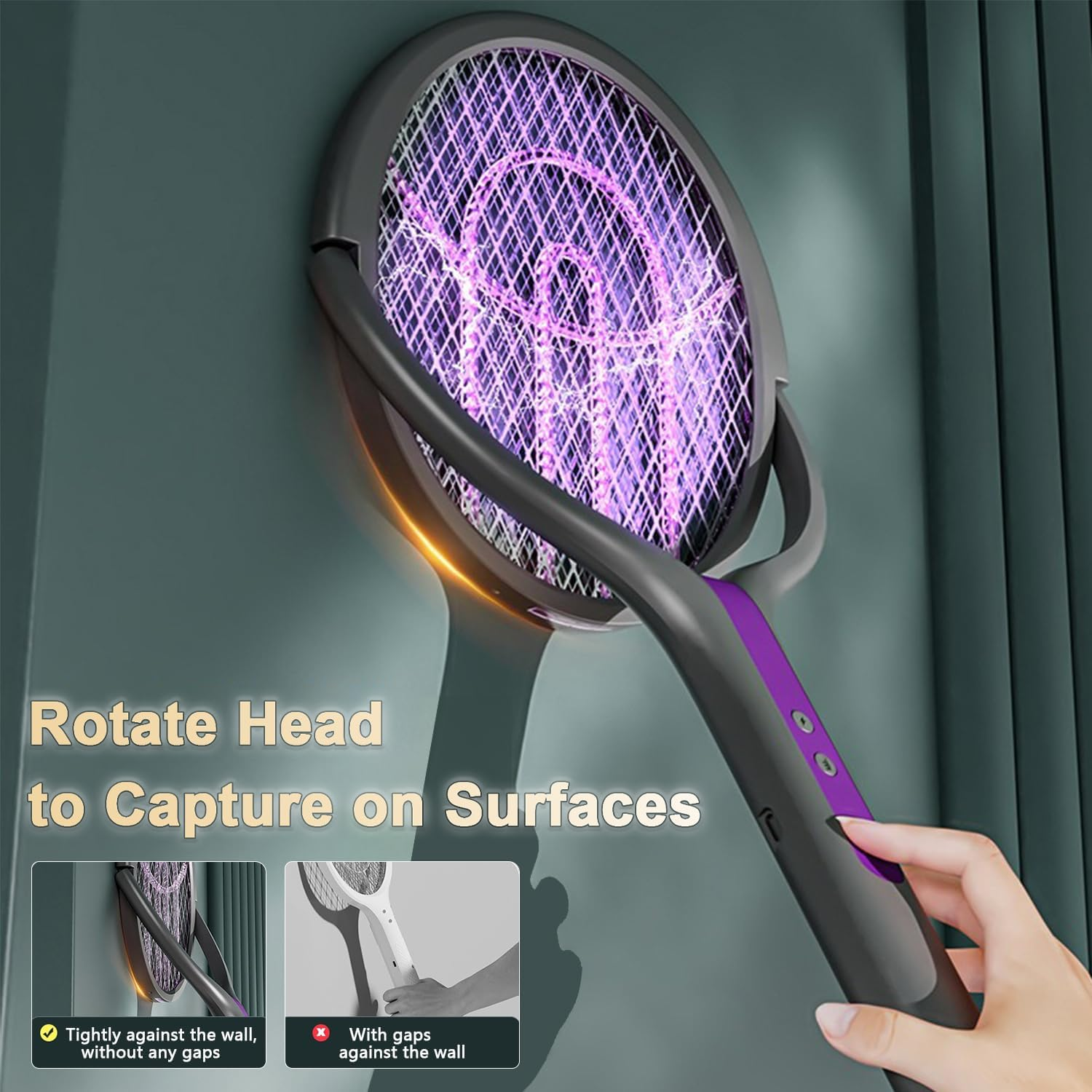 USB-C Rechargeable Insect Zapper Racket with Rotating Head & Telescopic Handle - for Indoors, Outdoors, Home, Office, and Camping image number 3