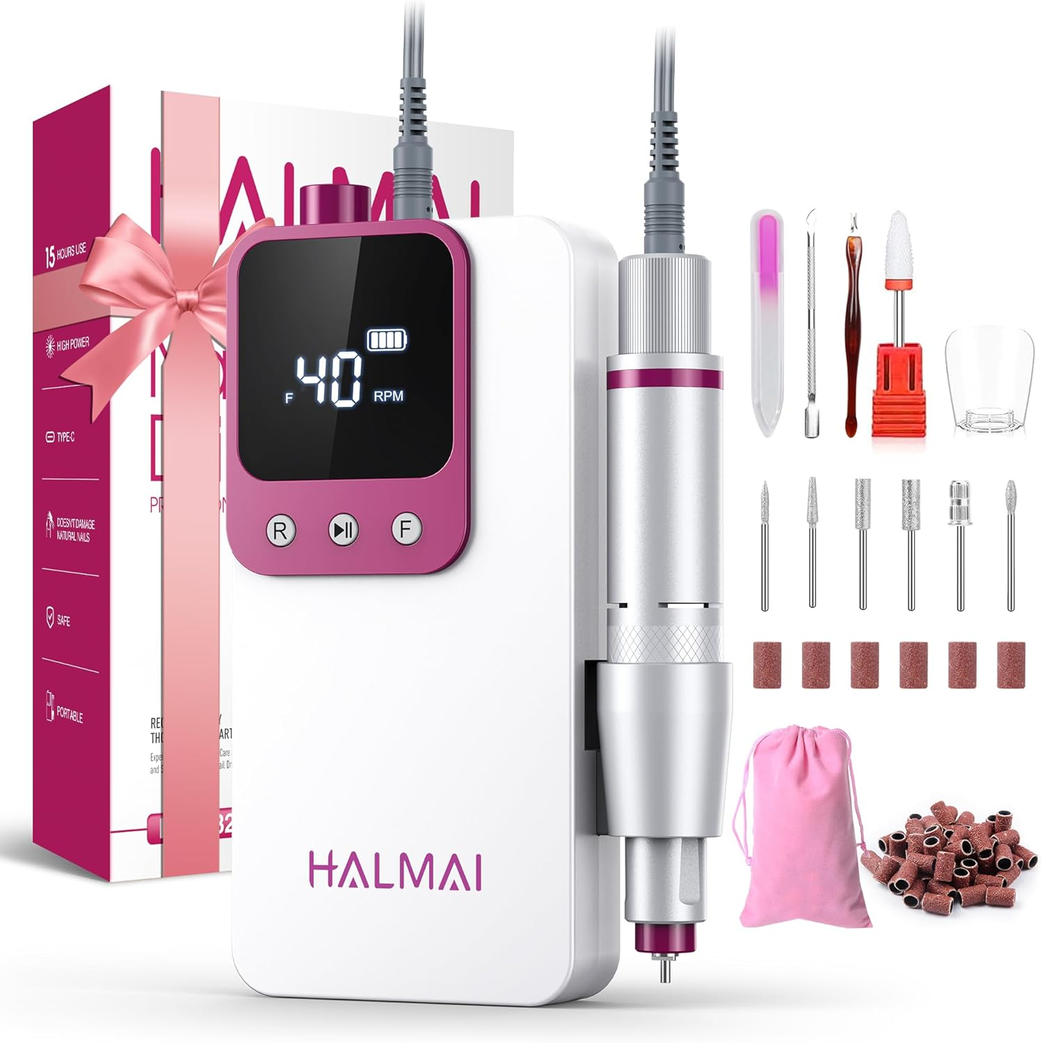 HALMAI Electric Nail Drill Professional, Portable Nail File for Acrylic Gel Nails, Cordless Rechargeable Ultra Power Nail Drill Kit 40000RPM, HMC320 Salon-Grade Efile Nail Machine(White)