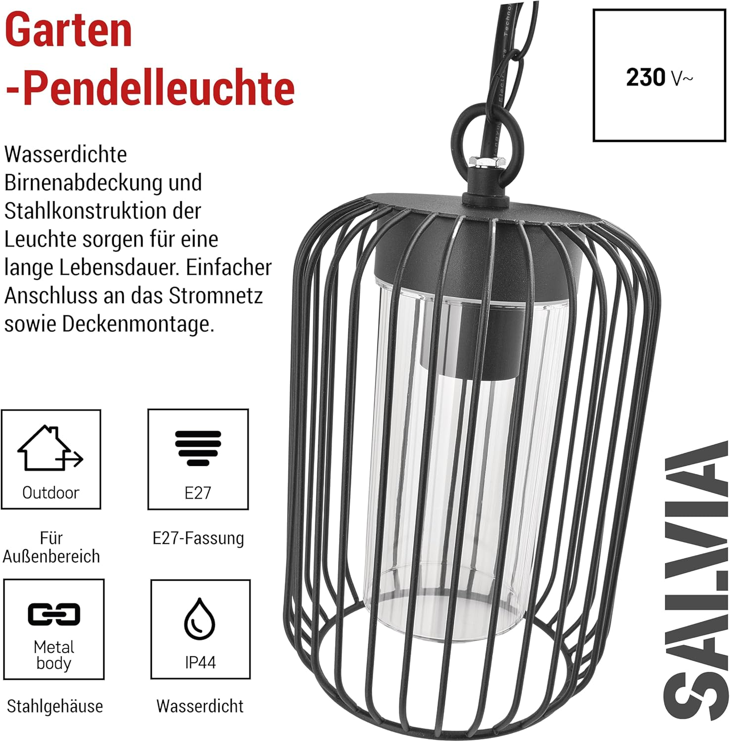 EMOS - Salvia Outdoor Pendant Light for Home and Garden with E27 Socket - Waterproof Pendant Light for E27 Bulb Max. 15 W - Steel Body for Ceiling Mounting