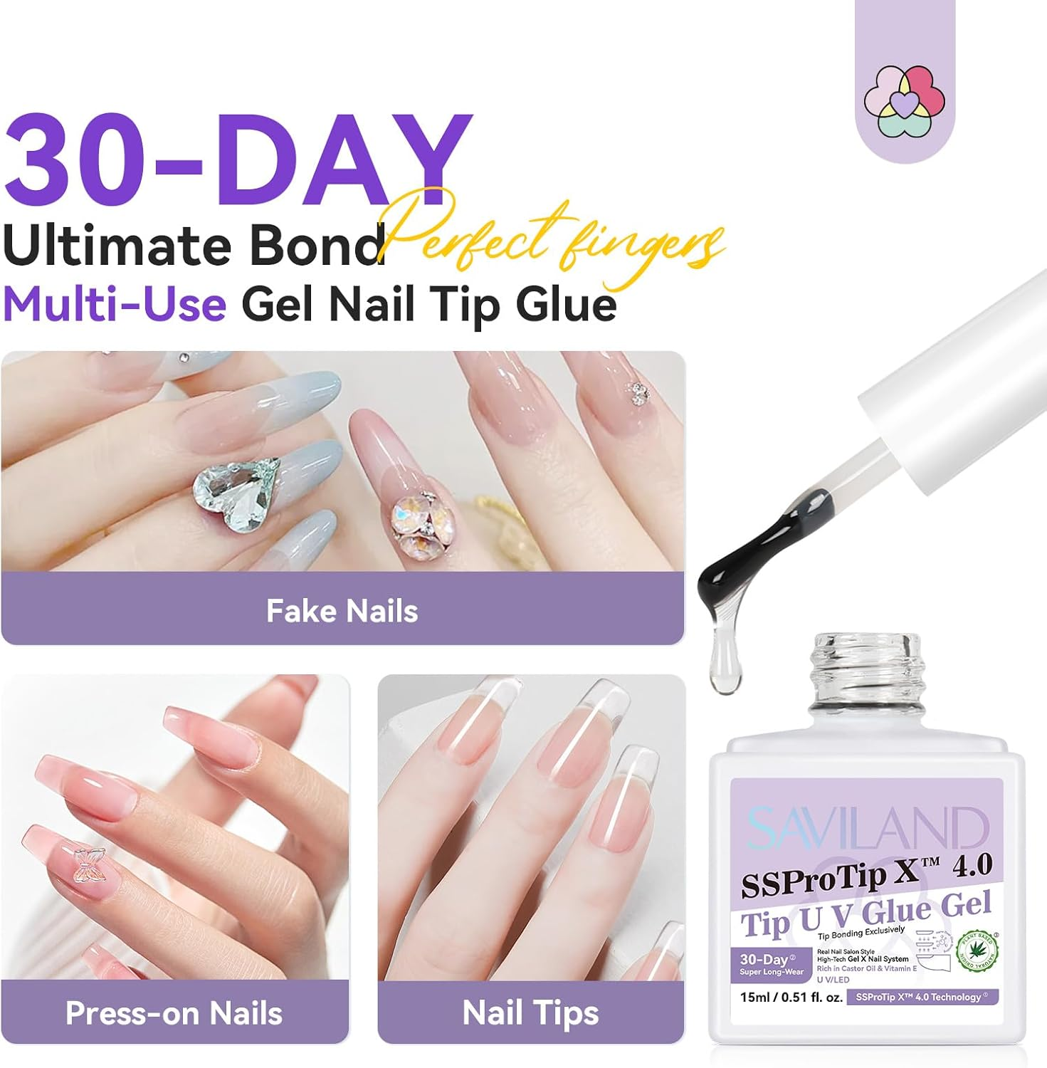 SAVILAND Gel Nail Glue Duo Set: Extra Strong U V Nail Glue Gel with Nail Primer Rich in Castor Oil Vitamin E for 30-Day Long Lasting Gel Glue for Nails False Nail Tips Press Ons Home Ssprotip X 4.0 image number 3