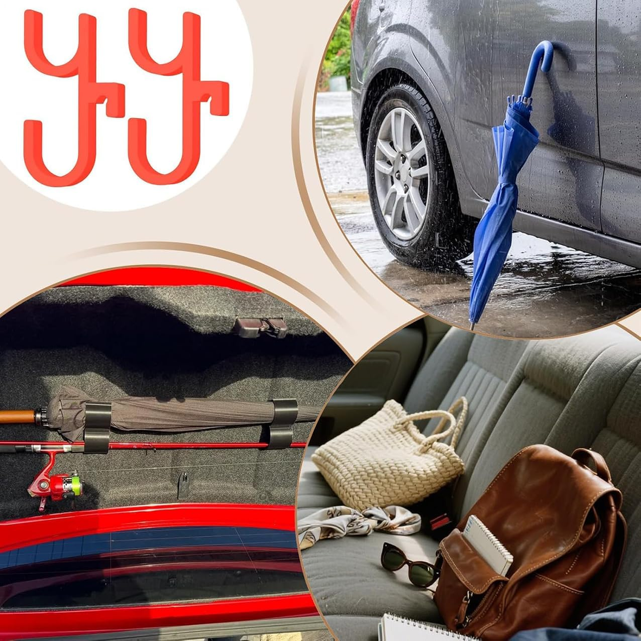 Xiaaofea 2Pcs Car Umbrella Hook, Multifunctional Auto Trunk Umbrella Hangers for Car Back Seat, Visor, Truck, Boat, Stroller, Wheelchair, Golf Accessories, Heavy Duty Non-Slip Car Organizer(Black) image number 1