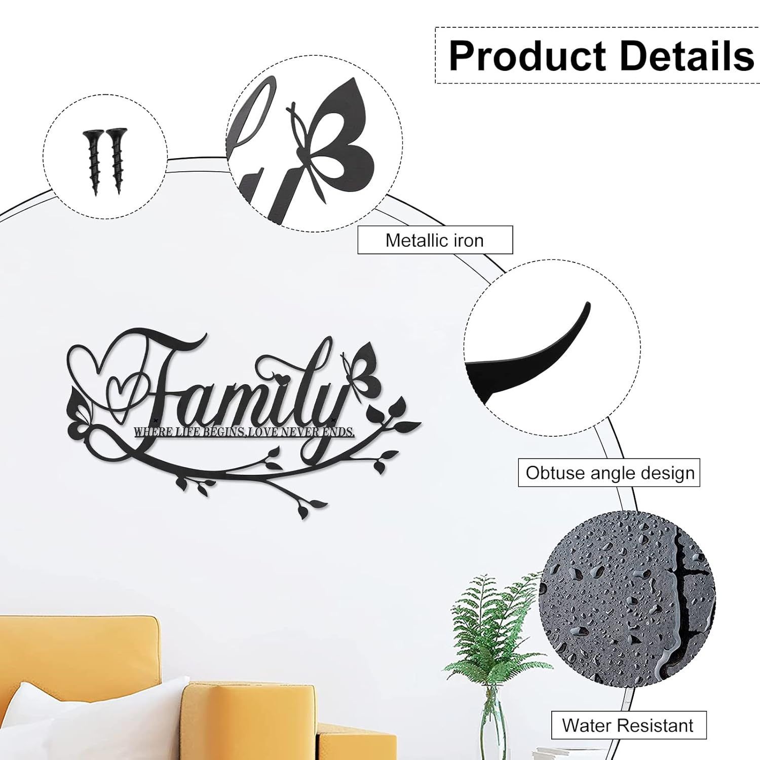 Family Where Life Begins Love Never Ends Word Sign Metal Wall Decor, Black Home Decor Wall Art Decorations, Letters Quotes Sign for Living Room Bedroom Kitchen Indoor Outdoor Decor(Black) image number 4
