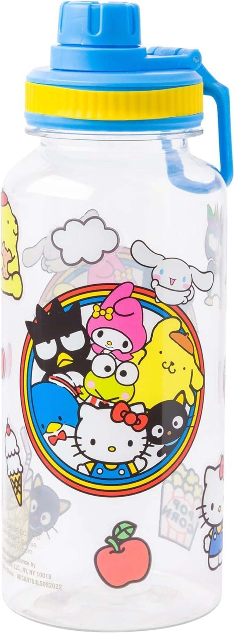 Silver Buffalo Sanrio Hello Kitty and Friends Featuring Badtz-Maru, Pompompurin, Keroppi, My Melody, Tuxedo Sam, Cinnamoroll, and Chococat Plastic Bottle with Sticker Set, 32 Ounces