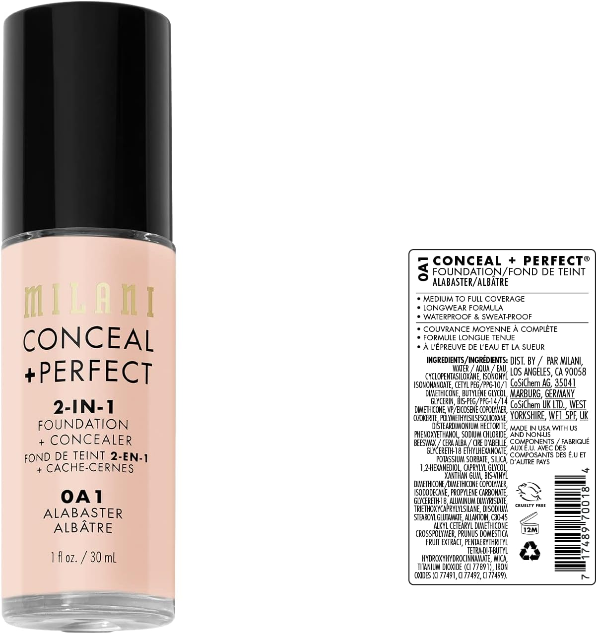Milani Conceal + Perfect 2-In-1 Foundation + Concealer - Alabaster (1 Fl. Oz.) Cruelty-Free Liquid Foundation - Cover Under-Eye Circles, Blemishes & Skin Discoloration for a Flawless Complexion
