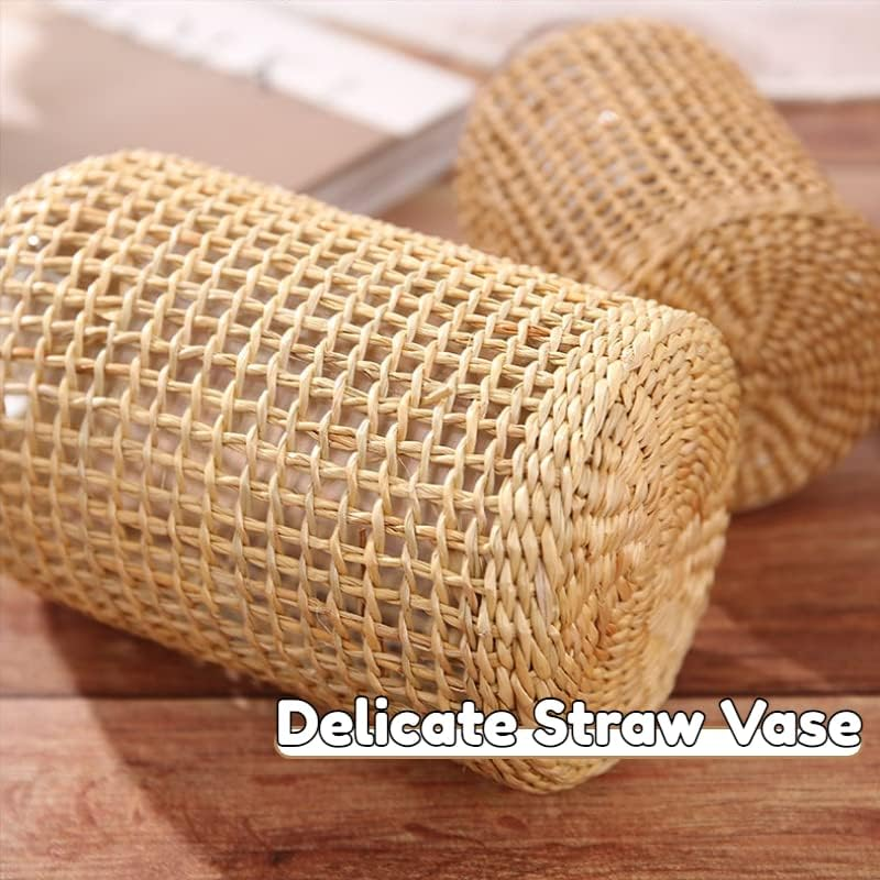 Decorative Glass Vase with Rattan Cover,Vintage Vase for Flower Wide Vase Floral Container for Dry Faux Flower Arrangements Home Decor (Wide-10.5Cm*11.5Cm*8.2Cm) image number 2