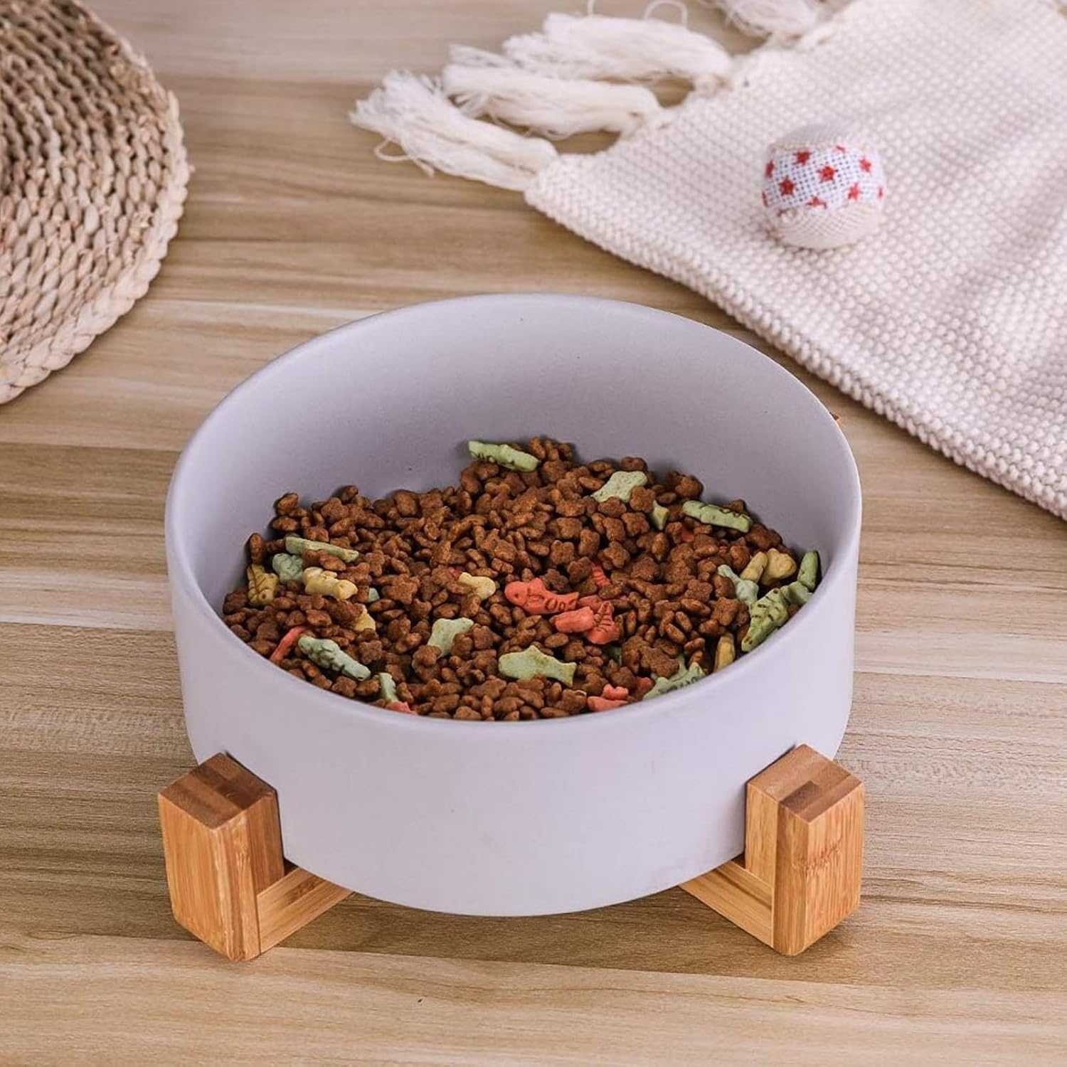 Ceramic Dog Bowls with Non Slip Wood Stand, PRENDIEEN Dog Water Bowls and Food Dish, Heavy No Tip over Dog Comfort Food Bowls, Extra High Capacity 8.4In(21Cm) Diameter, for Large Dogs (Grey) image number 2