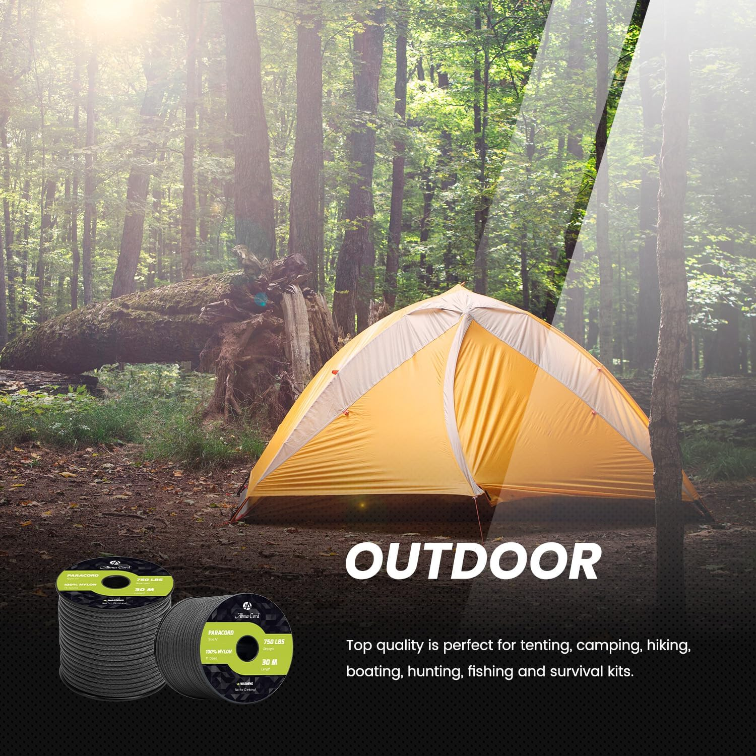 Abma Cord 4Mm Paracord 750Lb 30M 100% Nylon Rope 11 Strands Type IV Military Grade Parachute Cord for DIY, Camping, Survival, Outdoor - Max. 340Kg - Black - Army Green image number 7